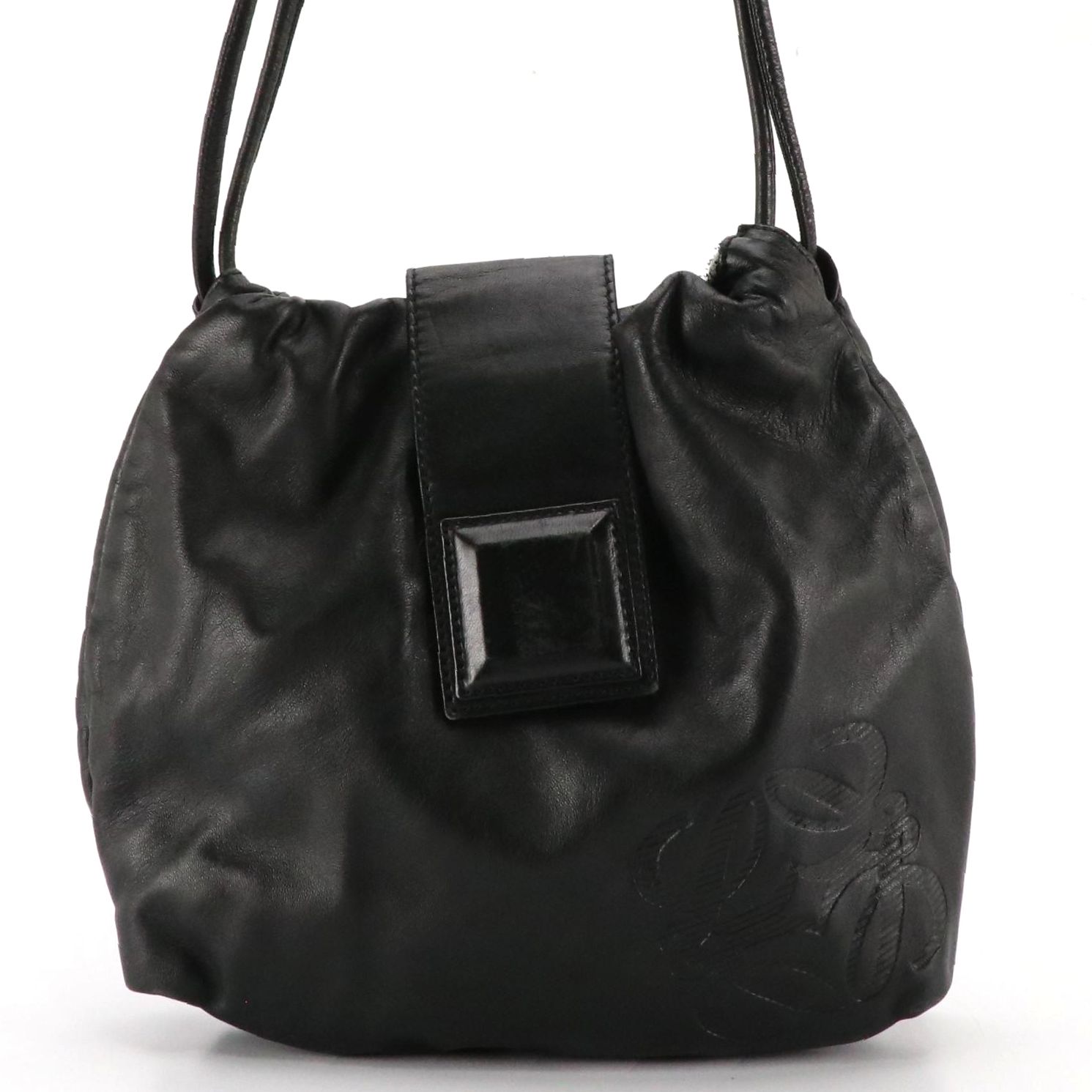 Loewe Drawstring Pouch Shoulder Bag in Black Anagram Lambskin Leather