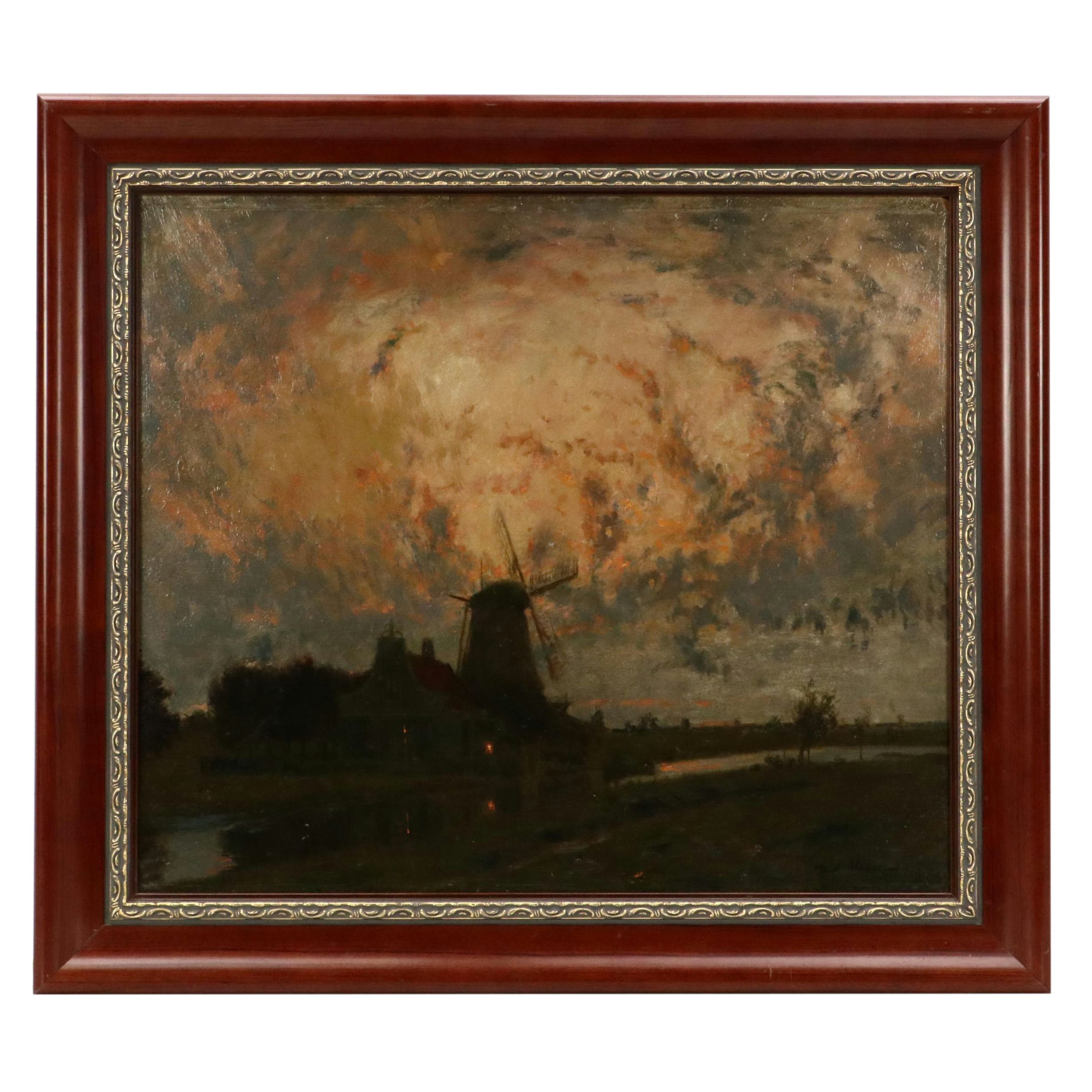 Raoul André Ulmann Impressionist Oil Painting of Landscape With Windmill at Dusk