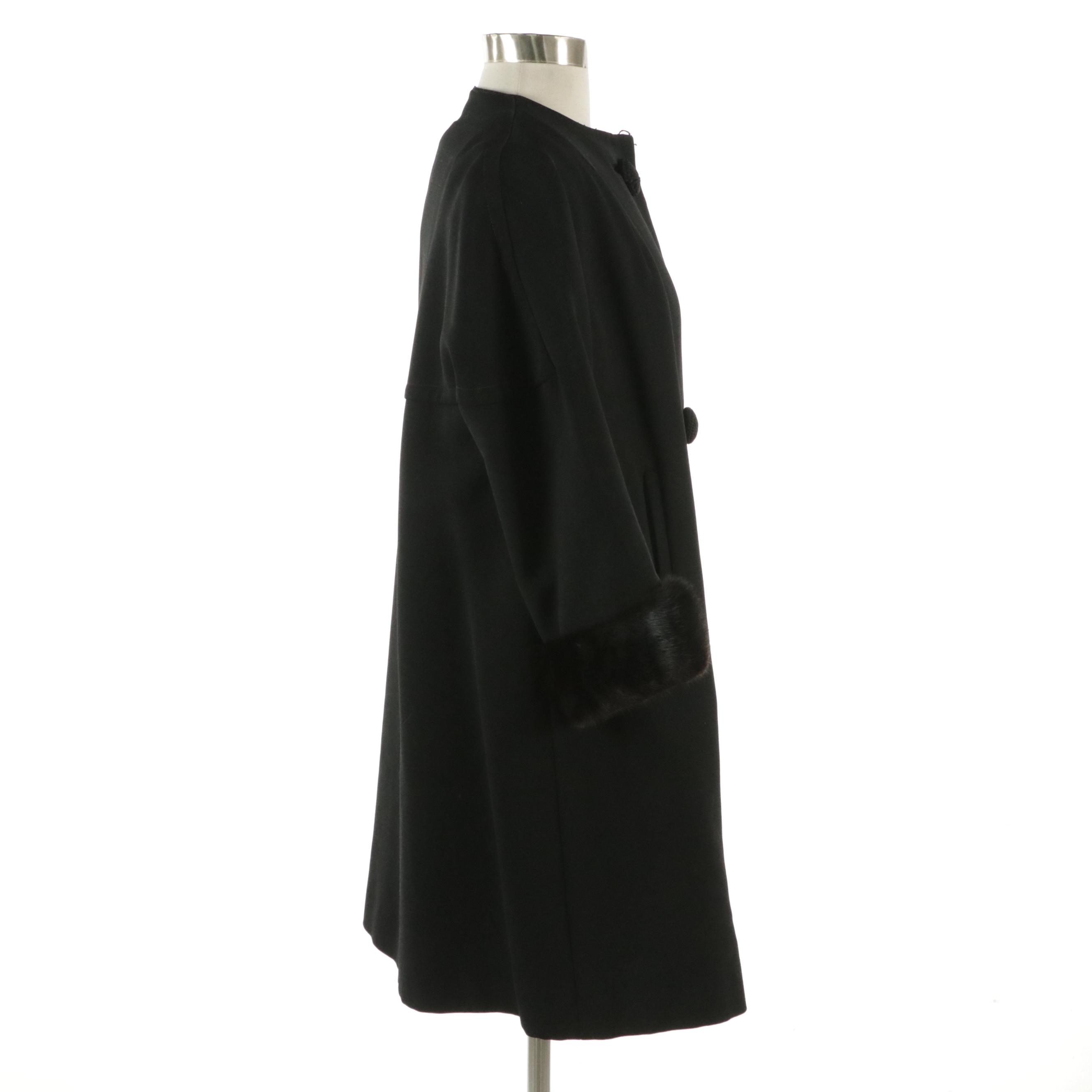Len Artel Wool Button-Front Vintage Coat with Crochet Buttons and Mink Fur Cuffs