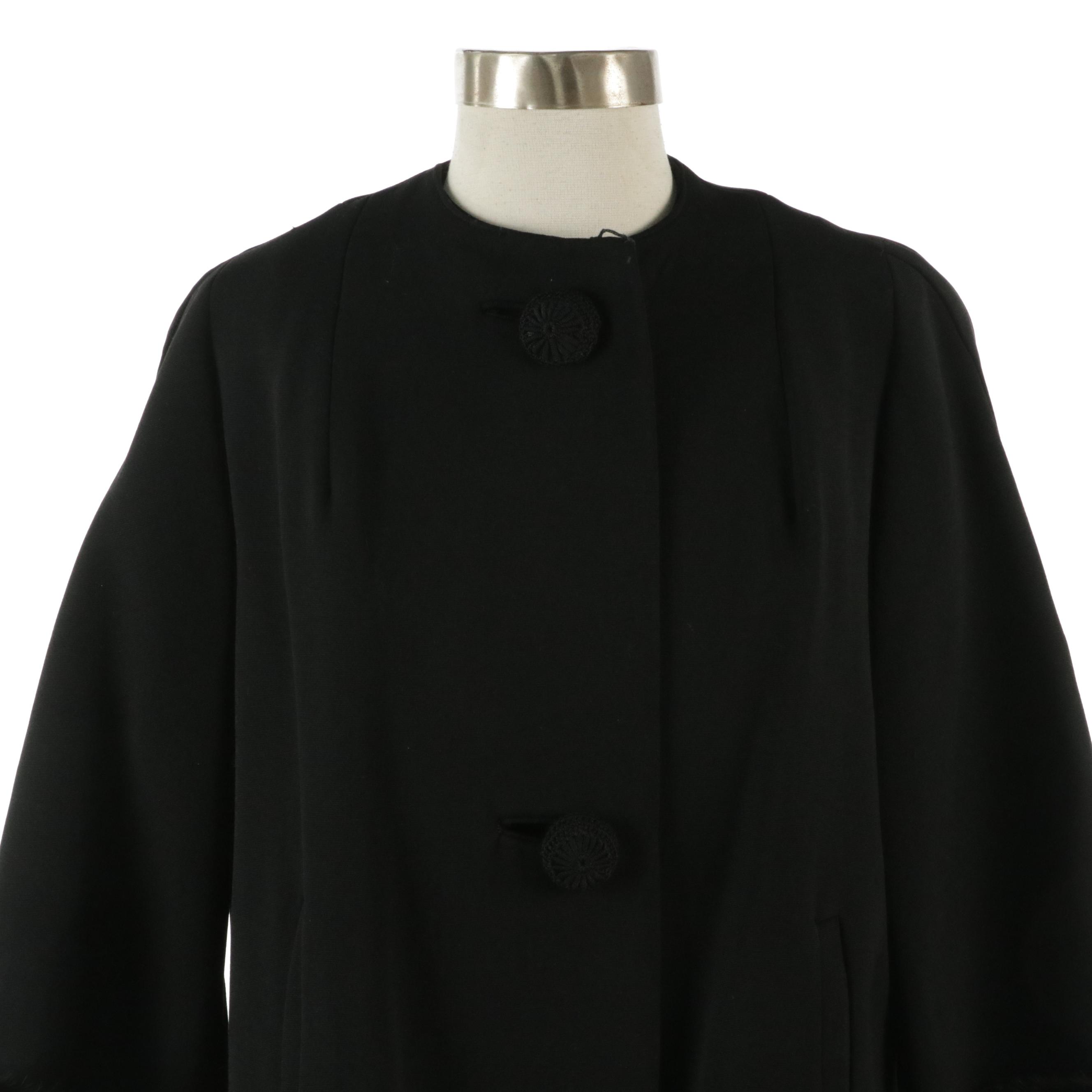 Len Artel Wool Button-Front Vintage Coat with Crochet Buttons and Mink Fur Cuffs