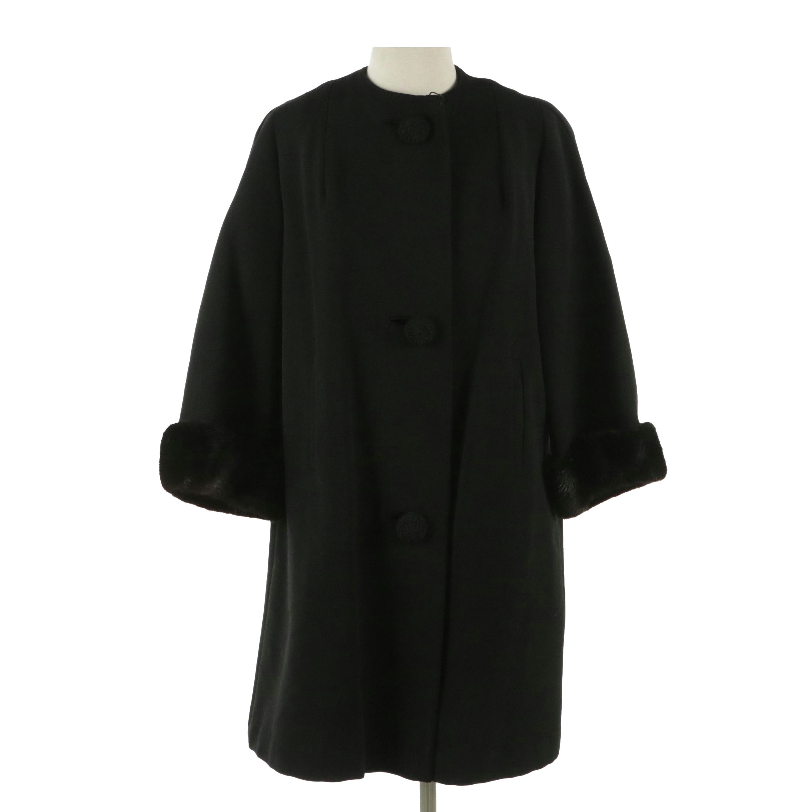 Len Artel Wool Button-Front Vintage Coat with Crochet Buttons and Mink Fur Cuffs