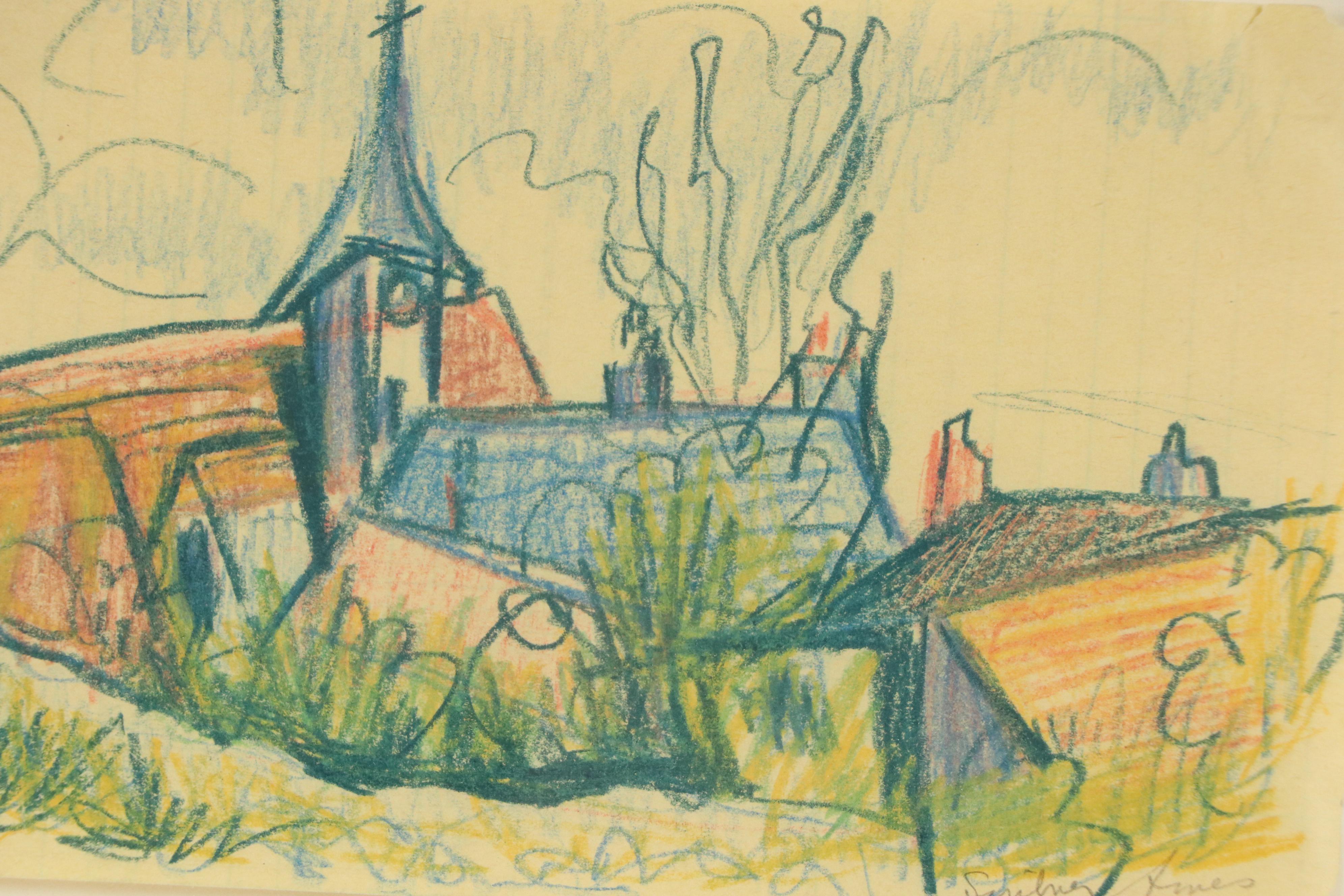Polly Scribner Ames Colored Pencil Drawing of Village, Circa 1935