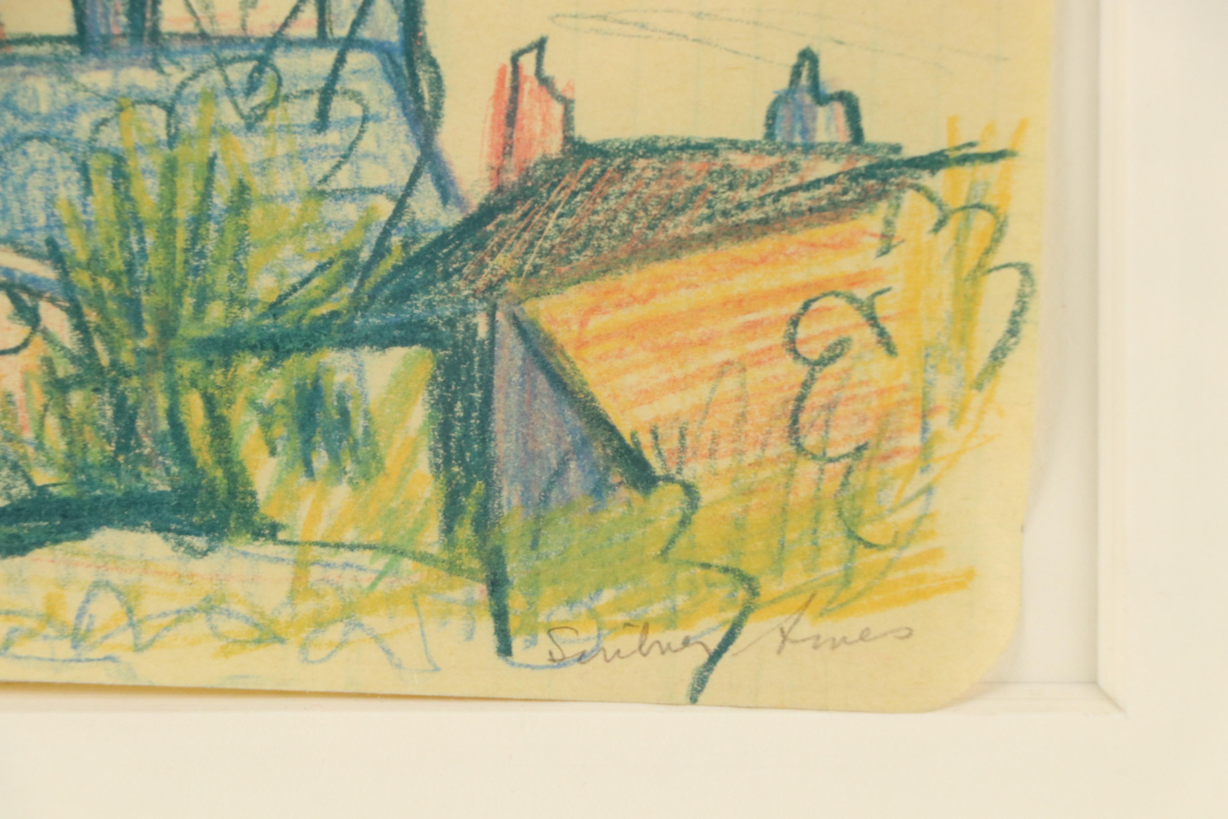 Polly Scribner Ames Colored Pencil Drawing of Village, Circa 1935