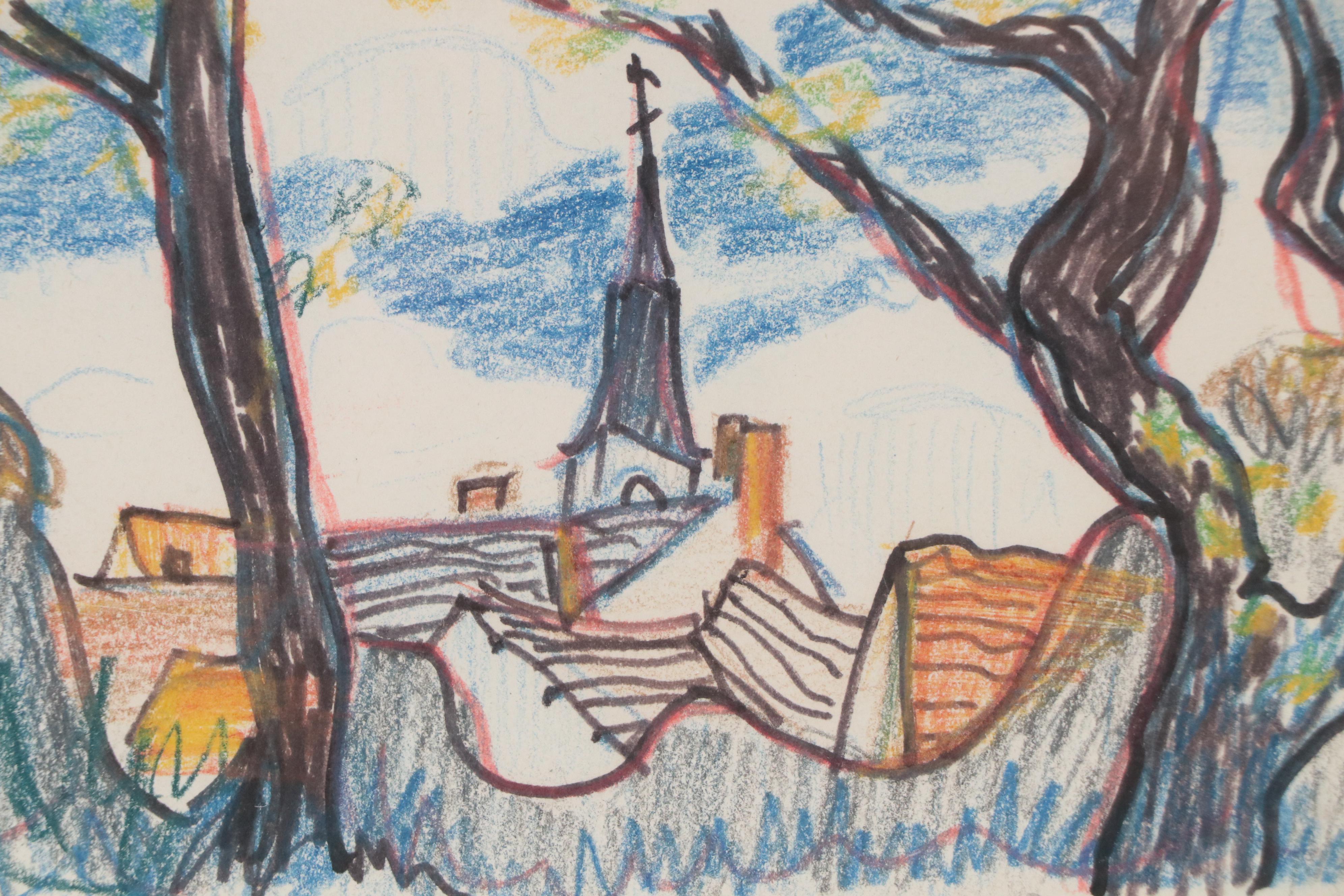 Polly Scribner Ames Mixed Media Drawing of Church with Trees, Circa 1935