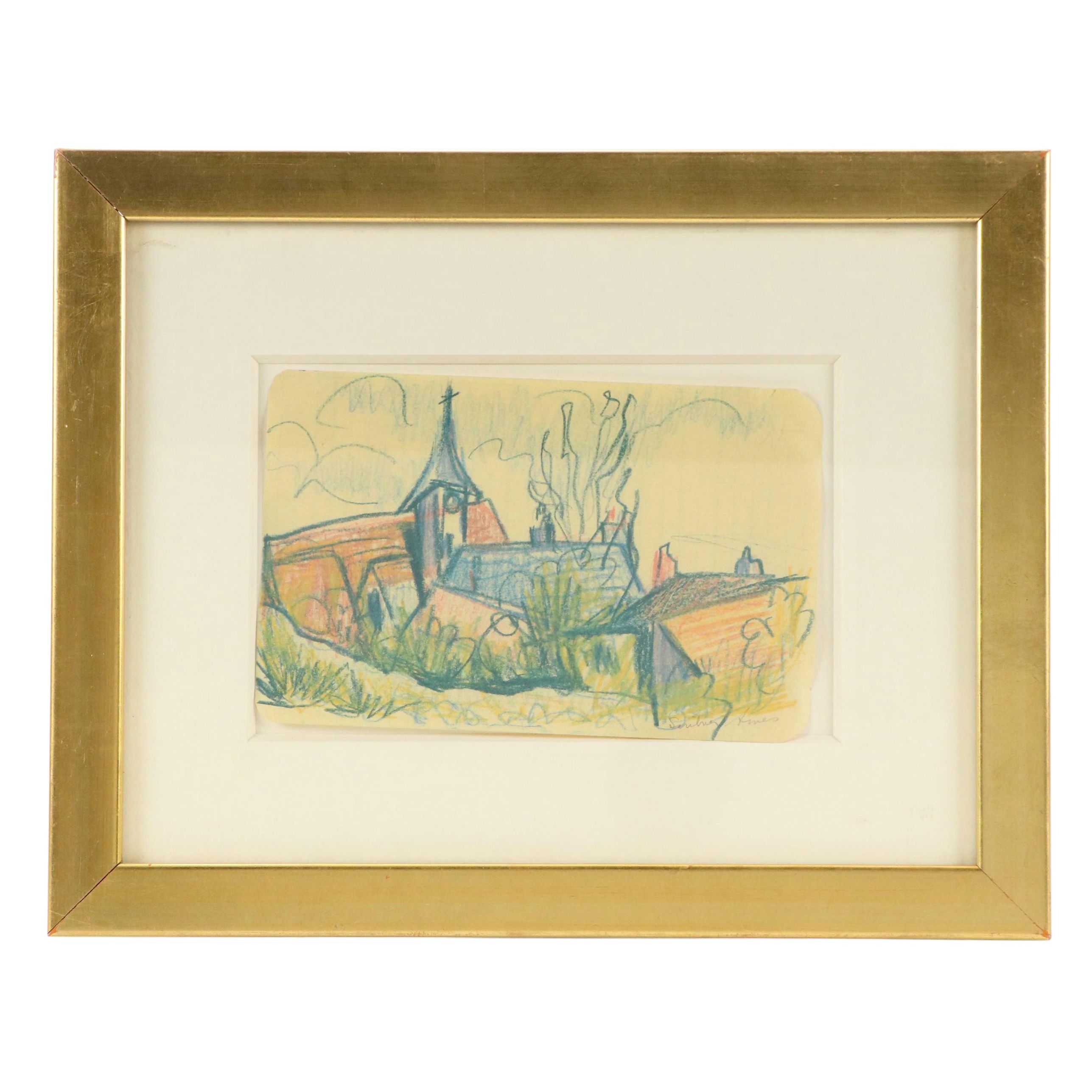 Polly Scribner Ames Colored Pencil Drawing of Village, Circa 1935