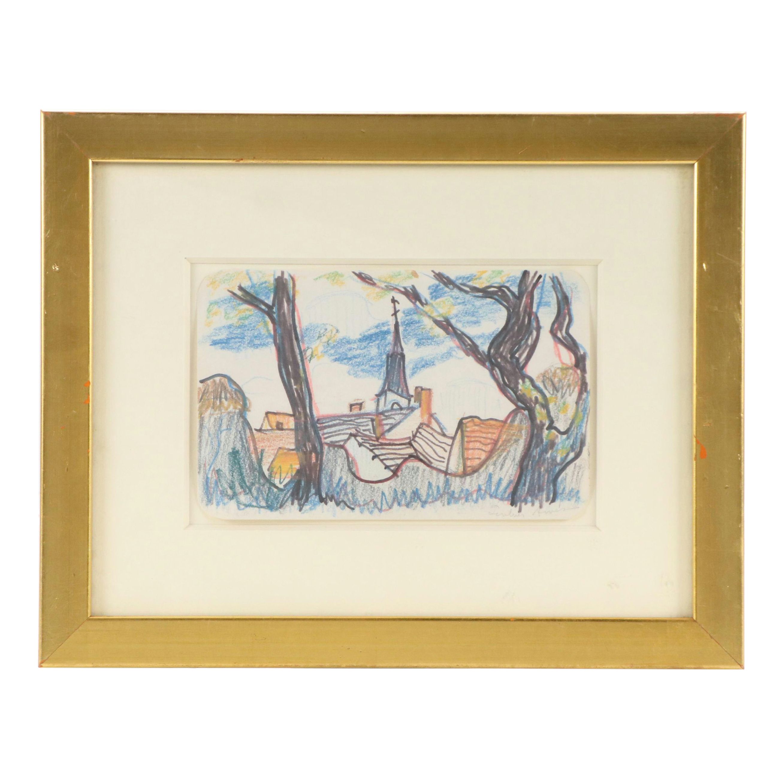 Polly Scribner Ames Mixed Media Drawing of Church with Trees, Circa 1935