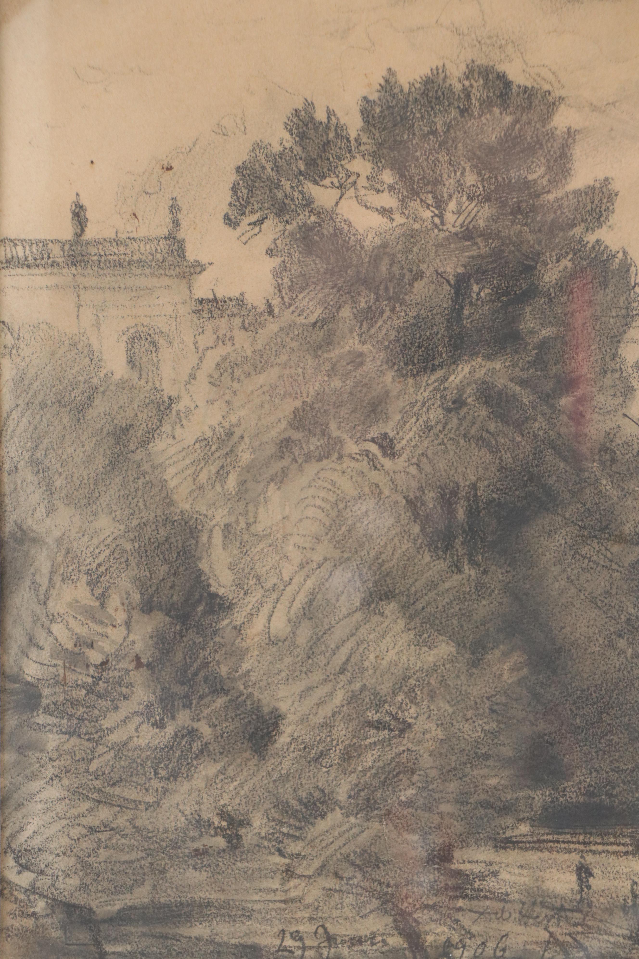 Lucien Jacques Landscape Graphite Drawing of Tree Foliage, 1906