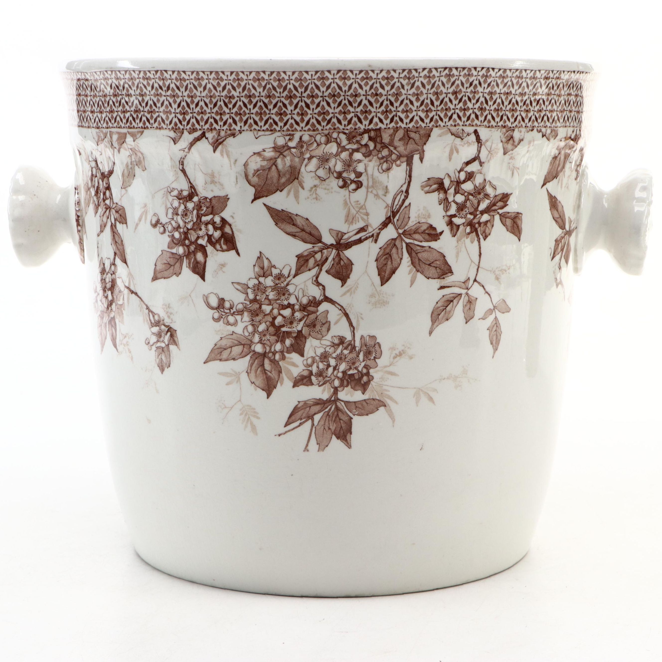 English Brown Transferware Ice Pail or Wine Cooler, Circa 1891-1920