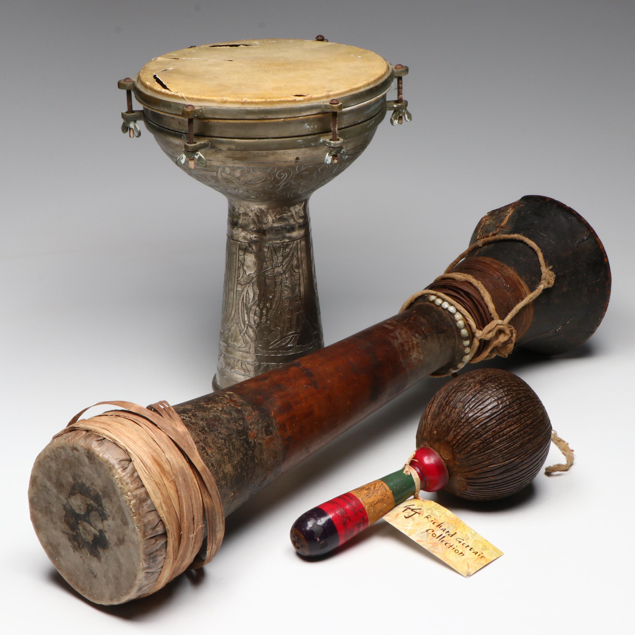 Papua New Guinean Kundu Drum with Indian Wood Maraca and Metal Darbuka