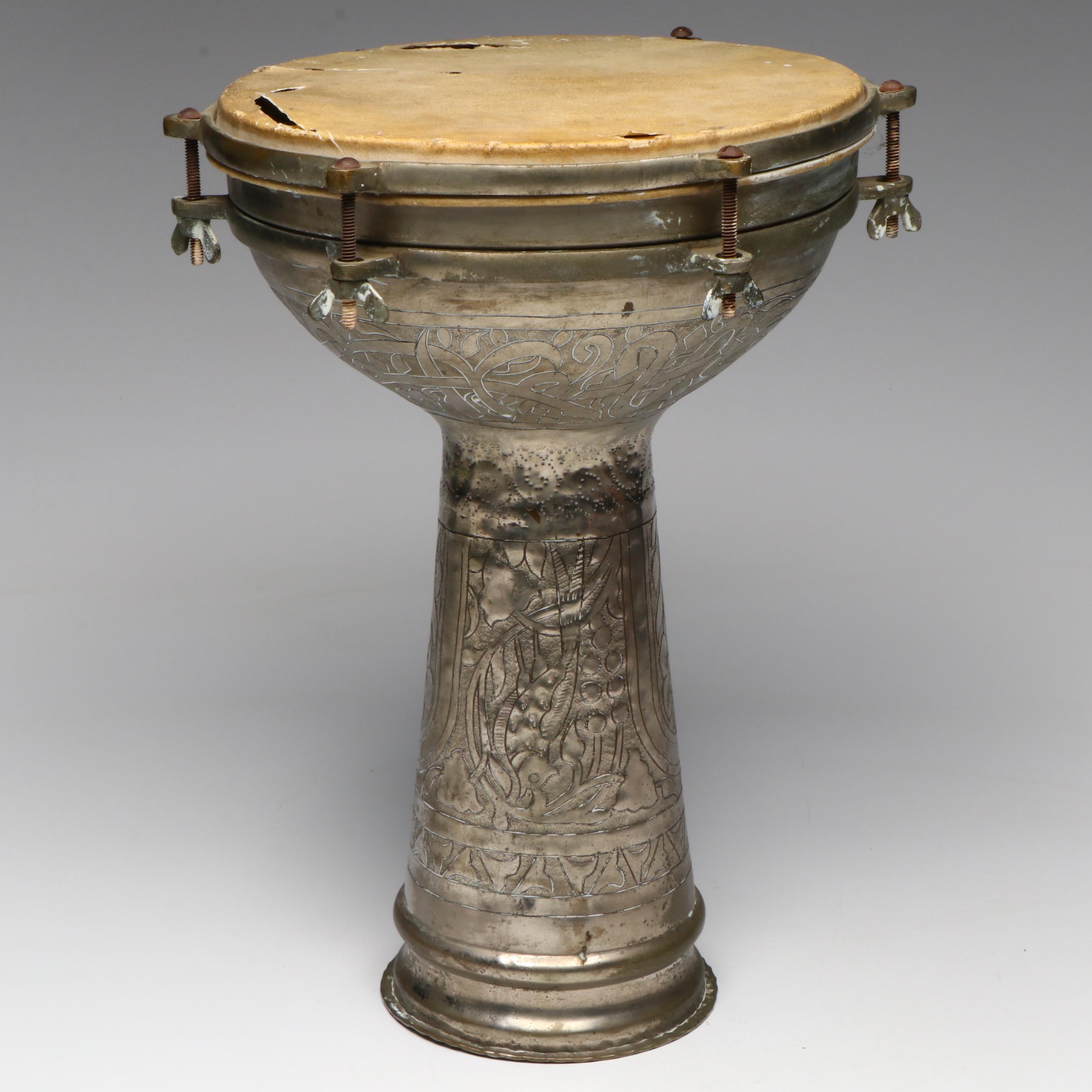 Papua New Guinean Kundu Drum with Indian Wood Maraca and Metal Darbuka