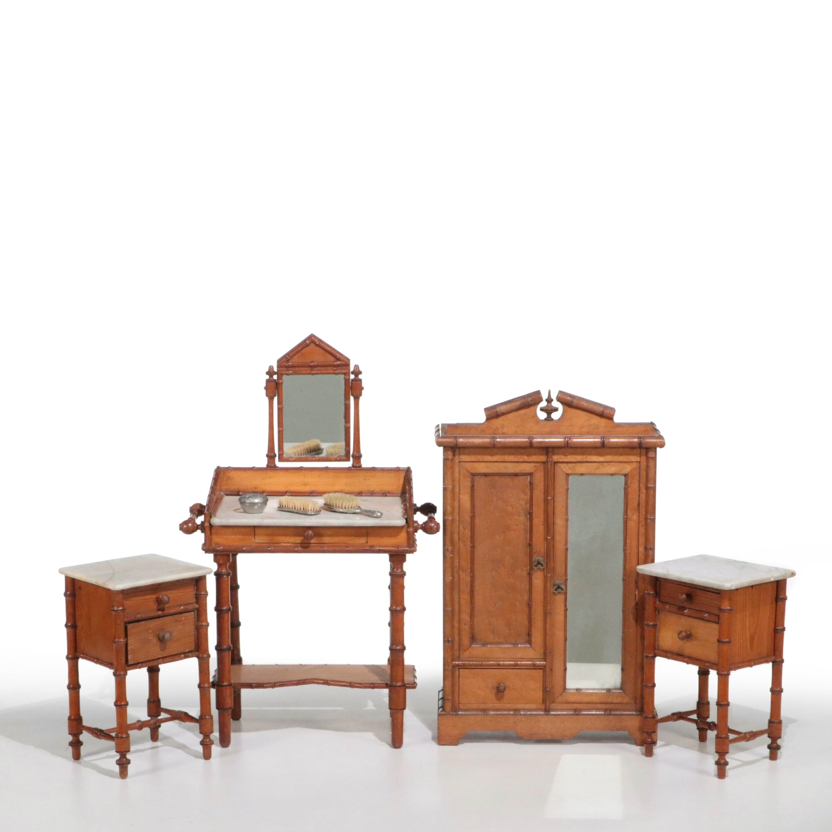 Continental Faux Bamboo Doll's Bedroom Furniture Suite, Late 19th Century