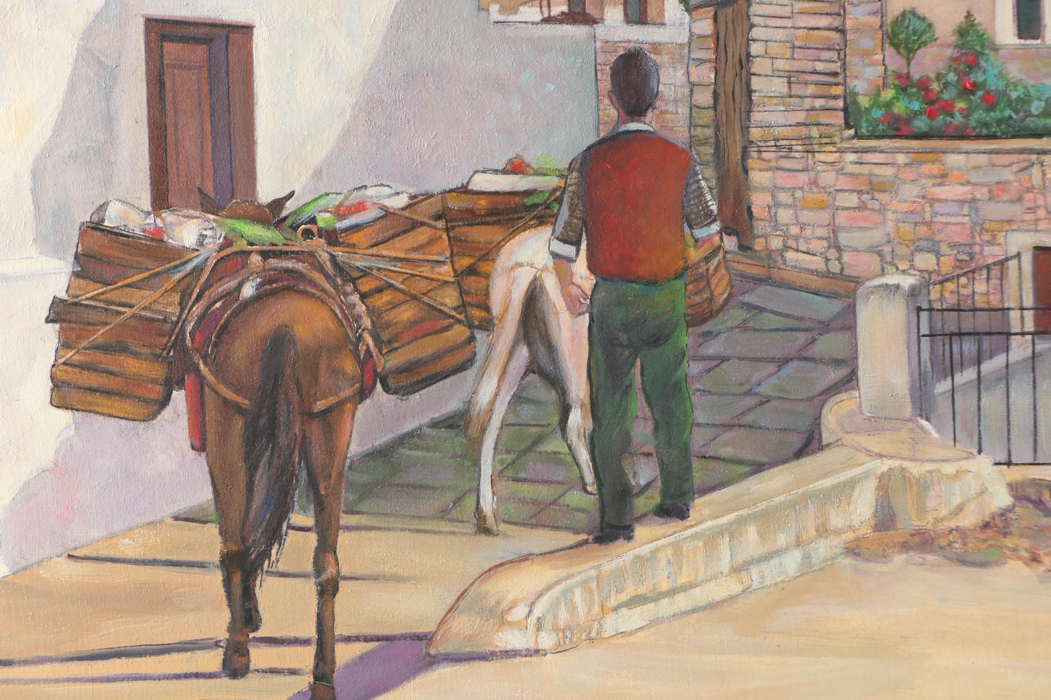 Oil Painting of Mexican Cityscape With Figure and Donkeys, Circa 1965