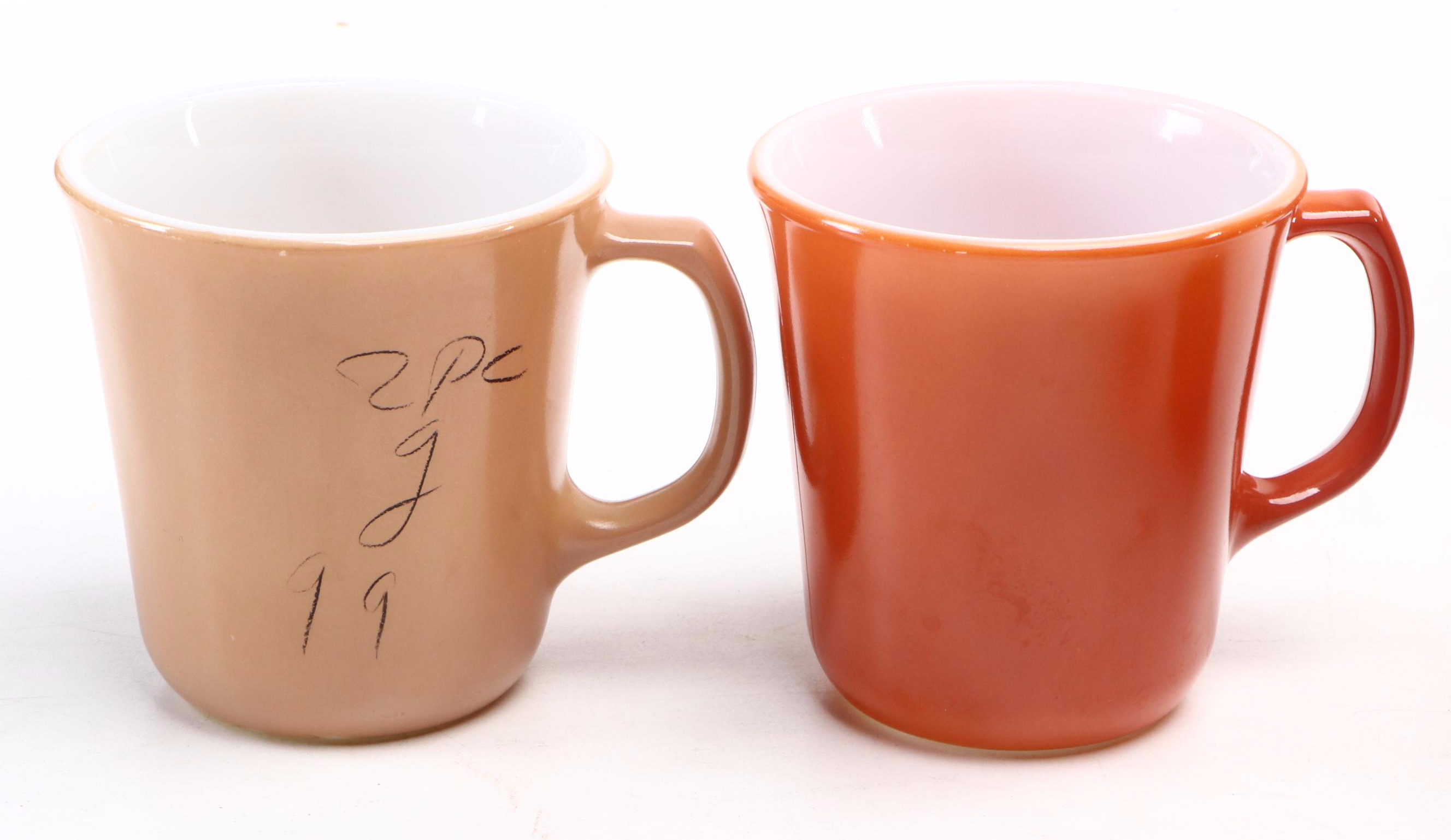 Corning Ware Taupe, Blue and Peach Diner Coffee Mugs, Late 20th Century