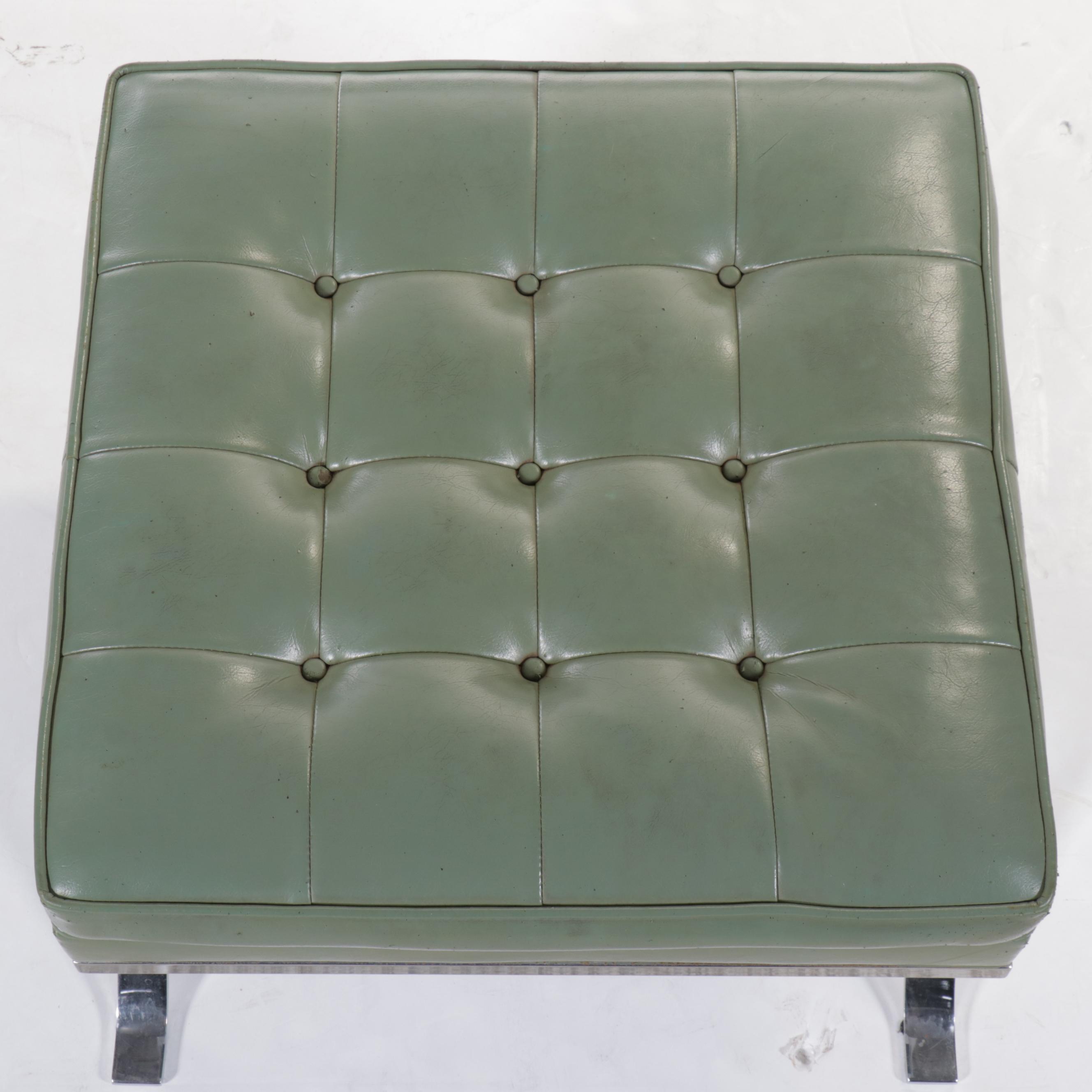 Mid Century Modern Button-Tufted Green Vinyl and Chrome Ottoman