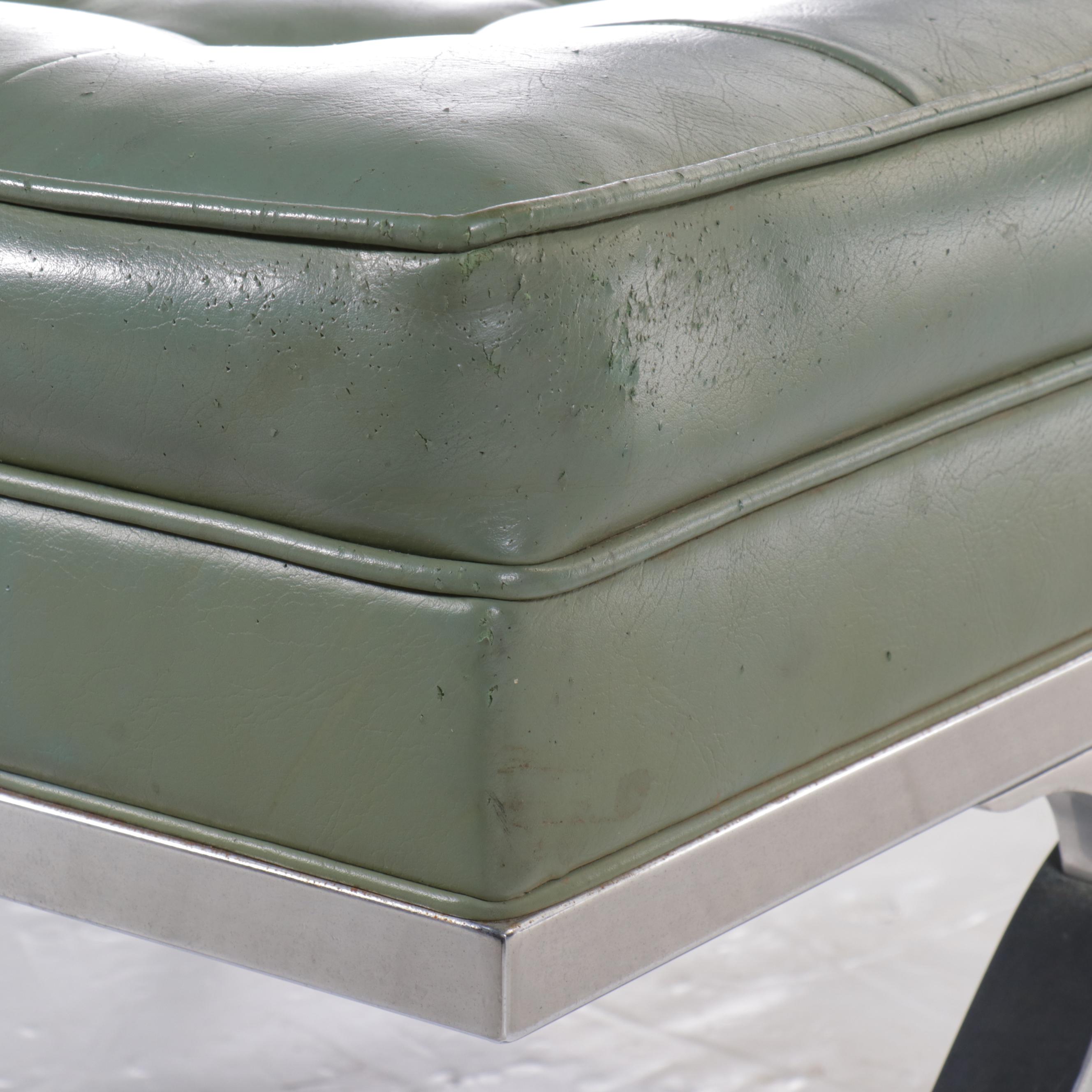 Mid Century Modern Button-Tufted Green Vinyl and Chrome Ottoman