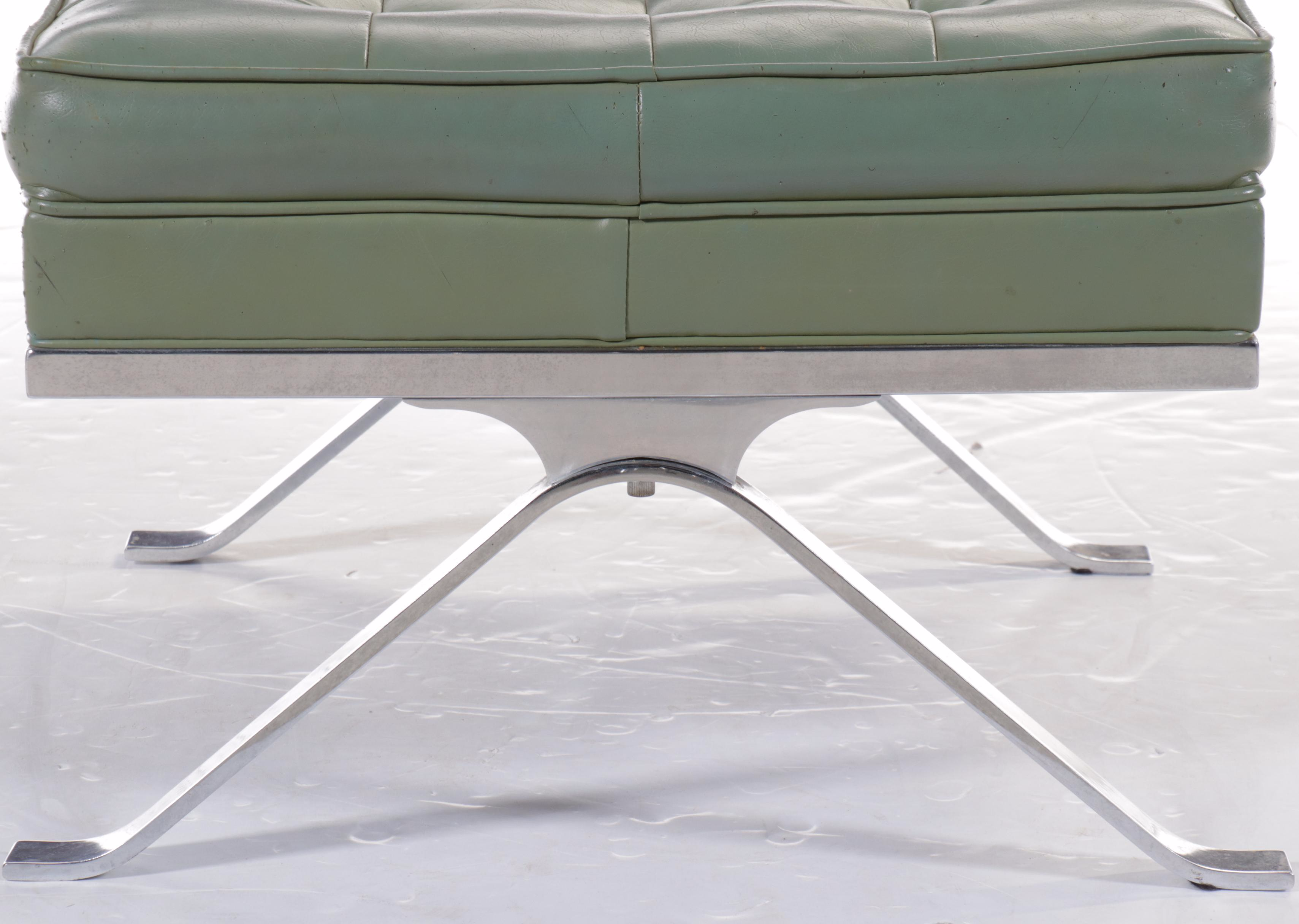 Mid Century Modern Button-Tufted Green Vinyl and Chrome Ottoman