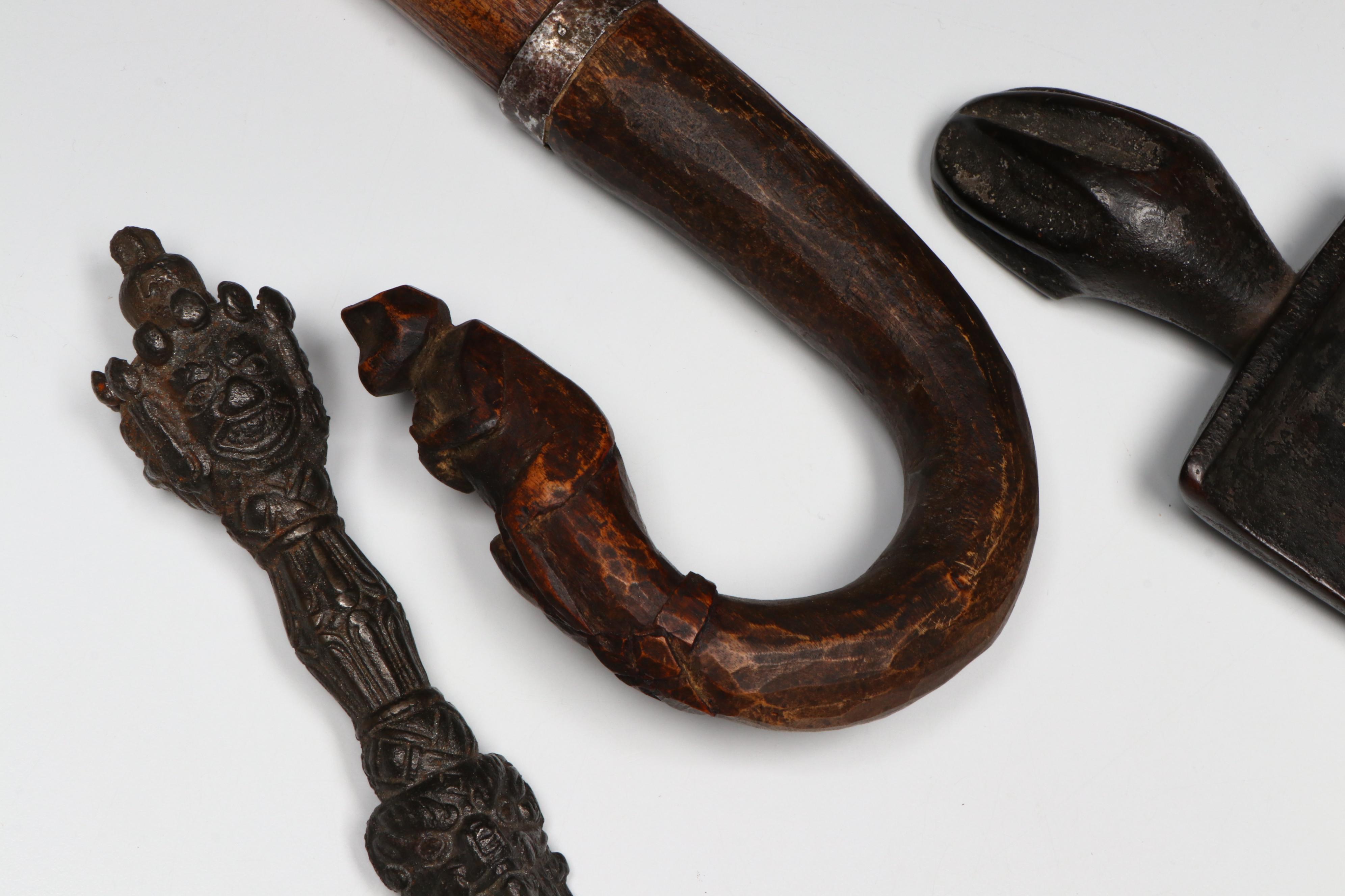 Khmer Ria Sickle and Bronze Lime Container with Tibetan Ritual Dagger and More