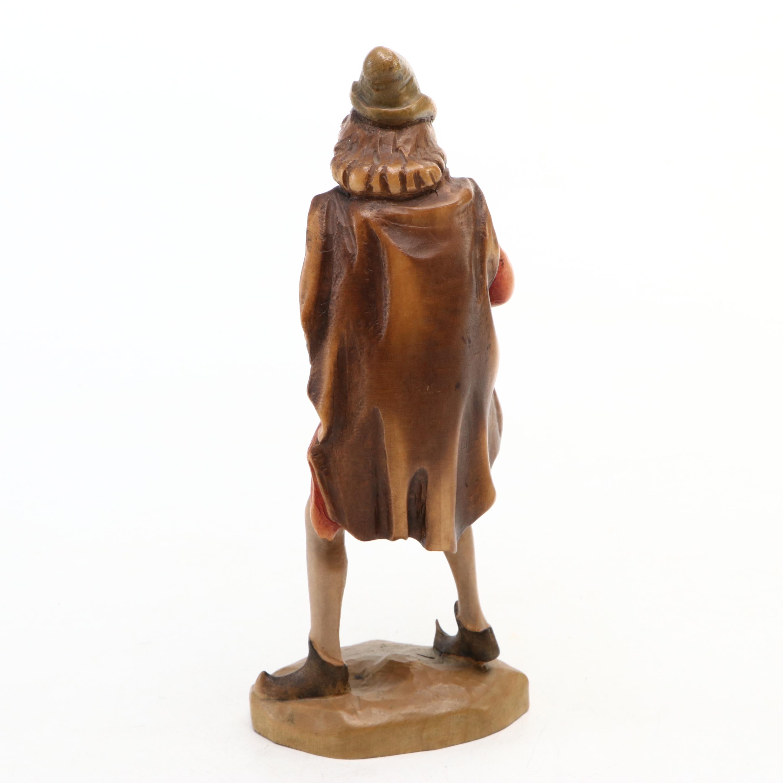 German Pied Piper and Female Mandolin Player Hand-Carved Wood Figures