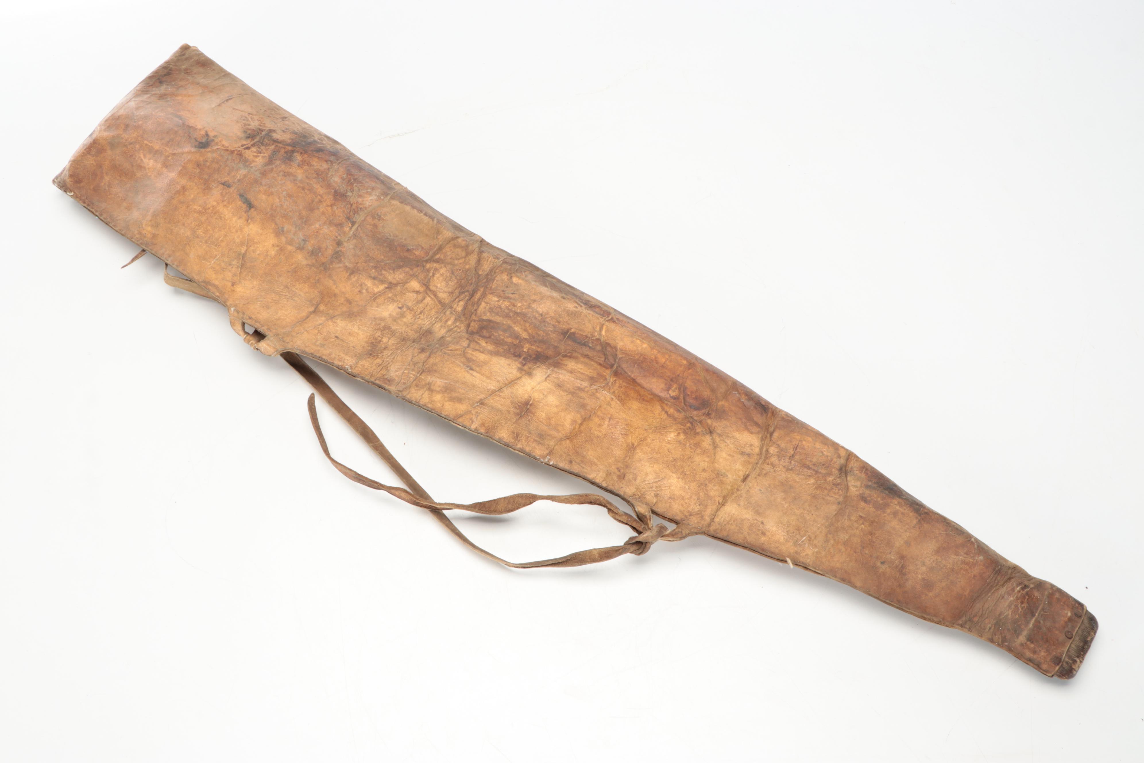 Indigenous Subarctic/Plateau Hide Rifle Case & Knife Sheath, Metal Blade Knife