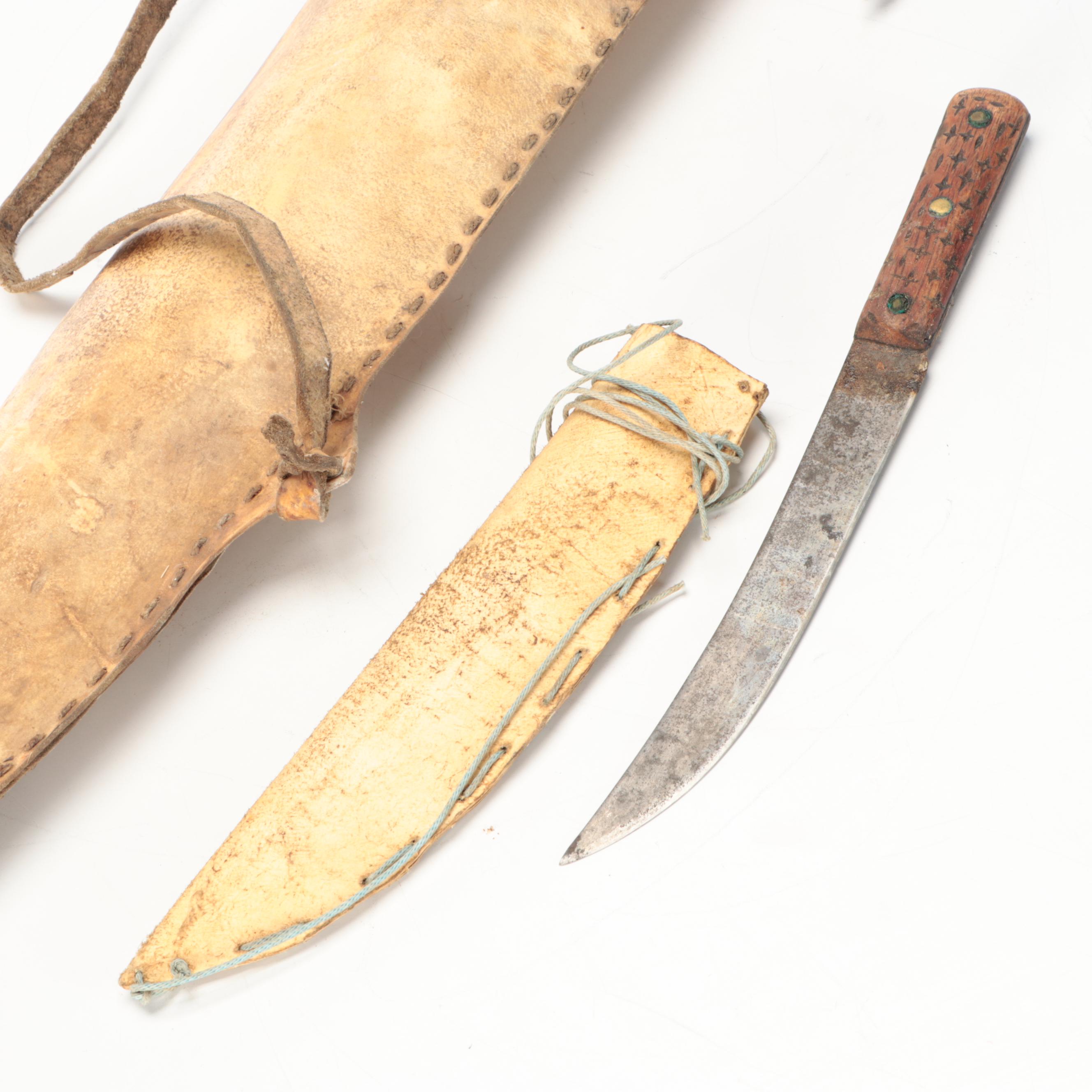 Indigenous Subarctic/Plateau Hide Rifle Case & Knife Sheath, Metal Blade Knife