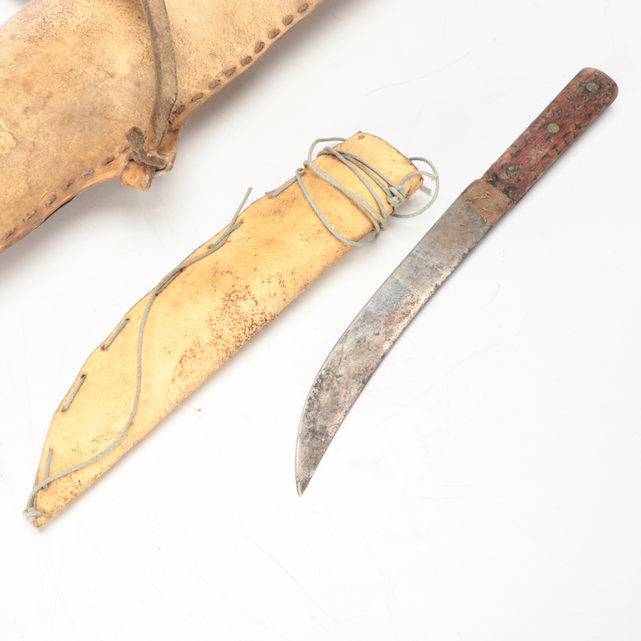 Indigenous Subarctic/Plateau Hide Rifle Case & Knife Sheath, Metal Blade Knife