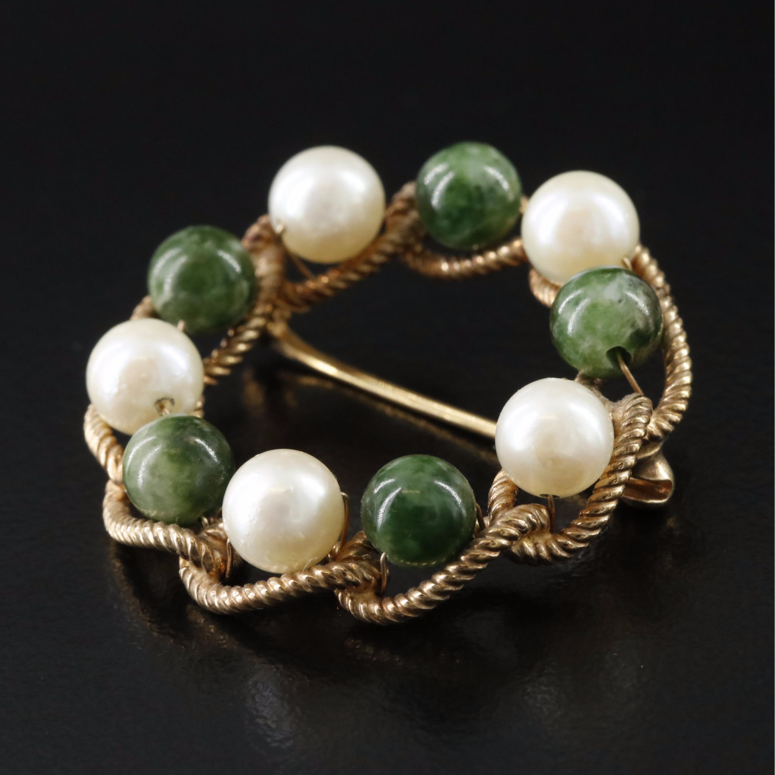 Vintage Pearl and Serpentine Wreath Brooch