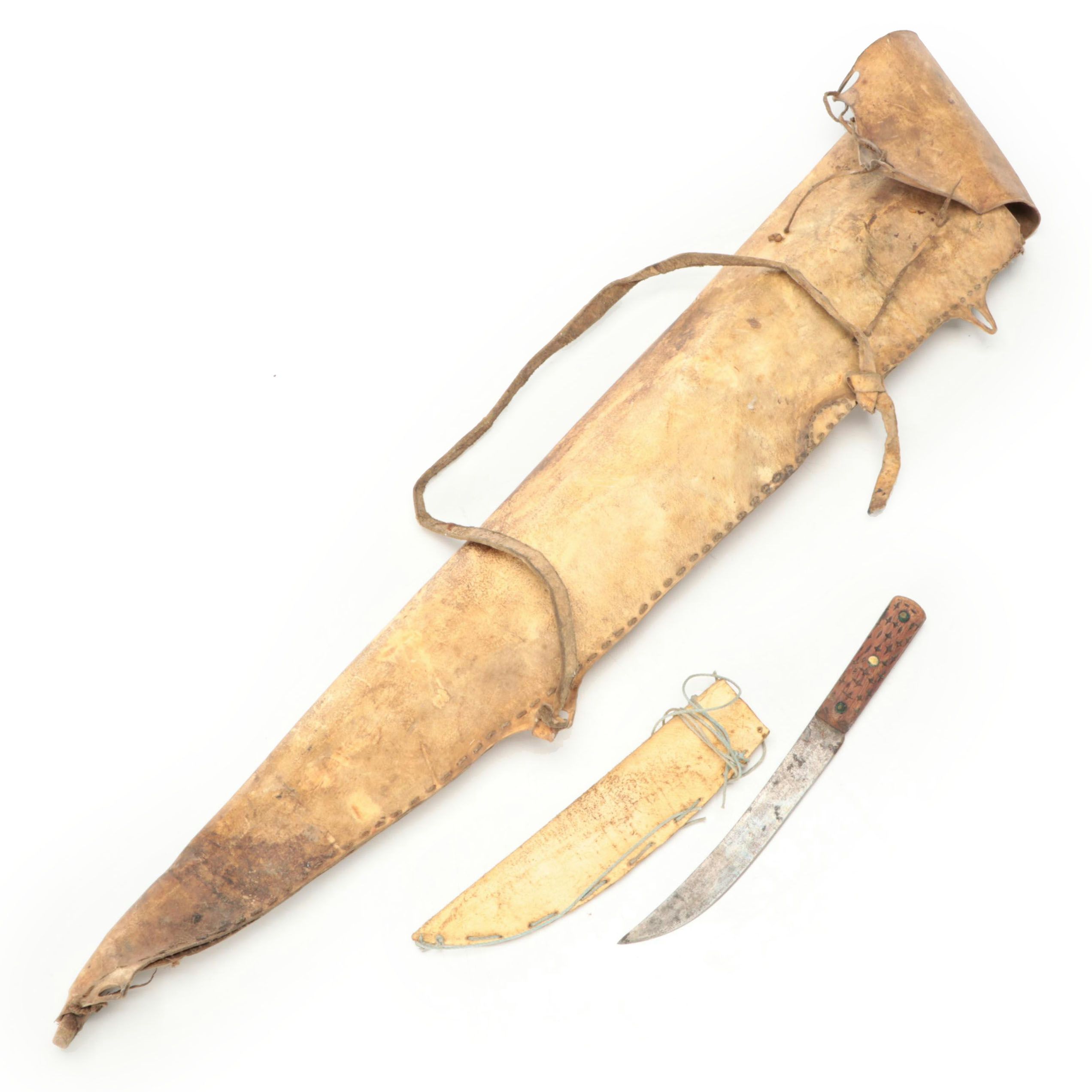 Indigenous Subarctic/Plateau Hide Rifle Case & Knife Sheath, Metal Blade Knife