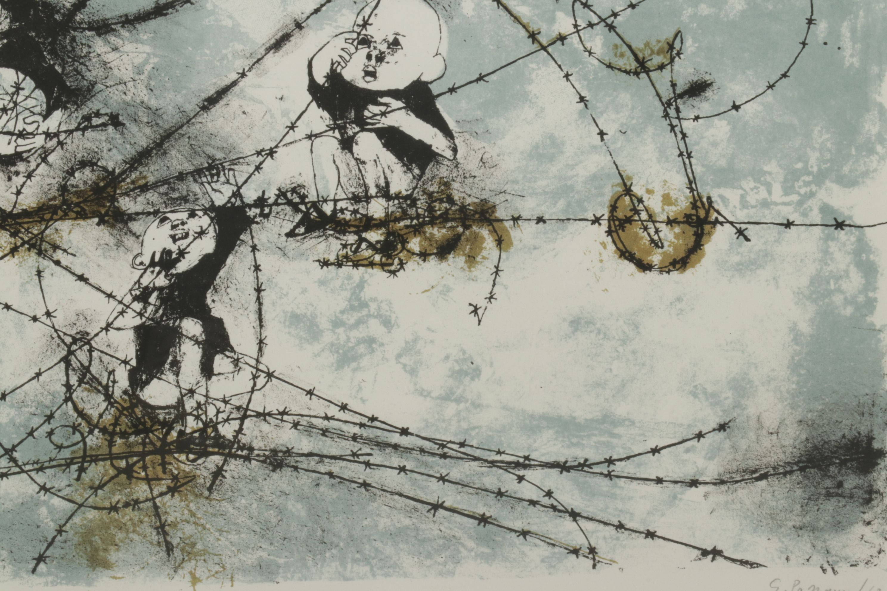Giacomo Porzano Color Lithograph "Children Behind Barbed Wire", 1962