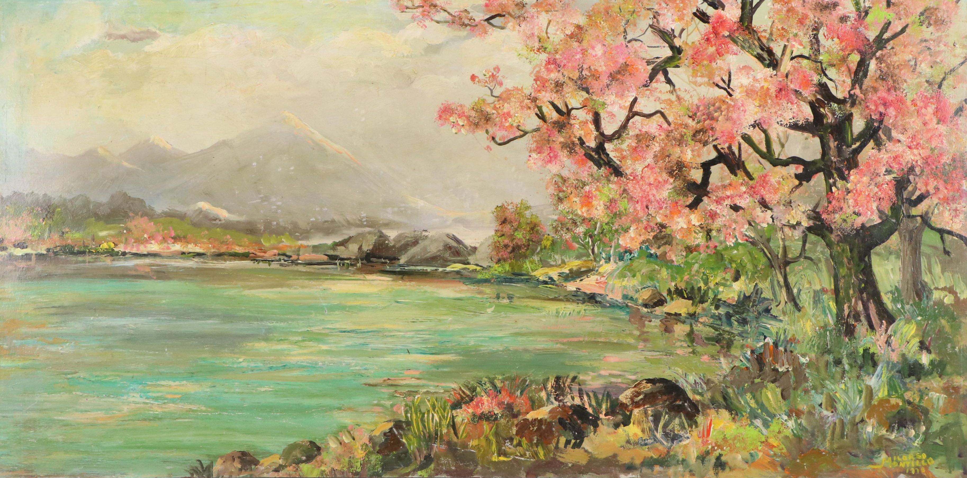 Mildred Montillo Oil Painting of Japanese Landscape With Mt. Fuji, 1970