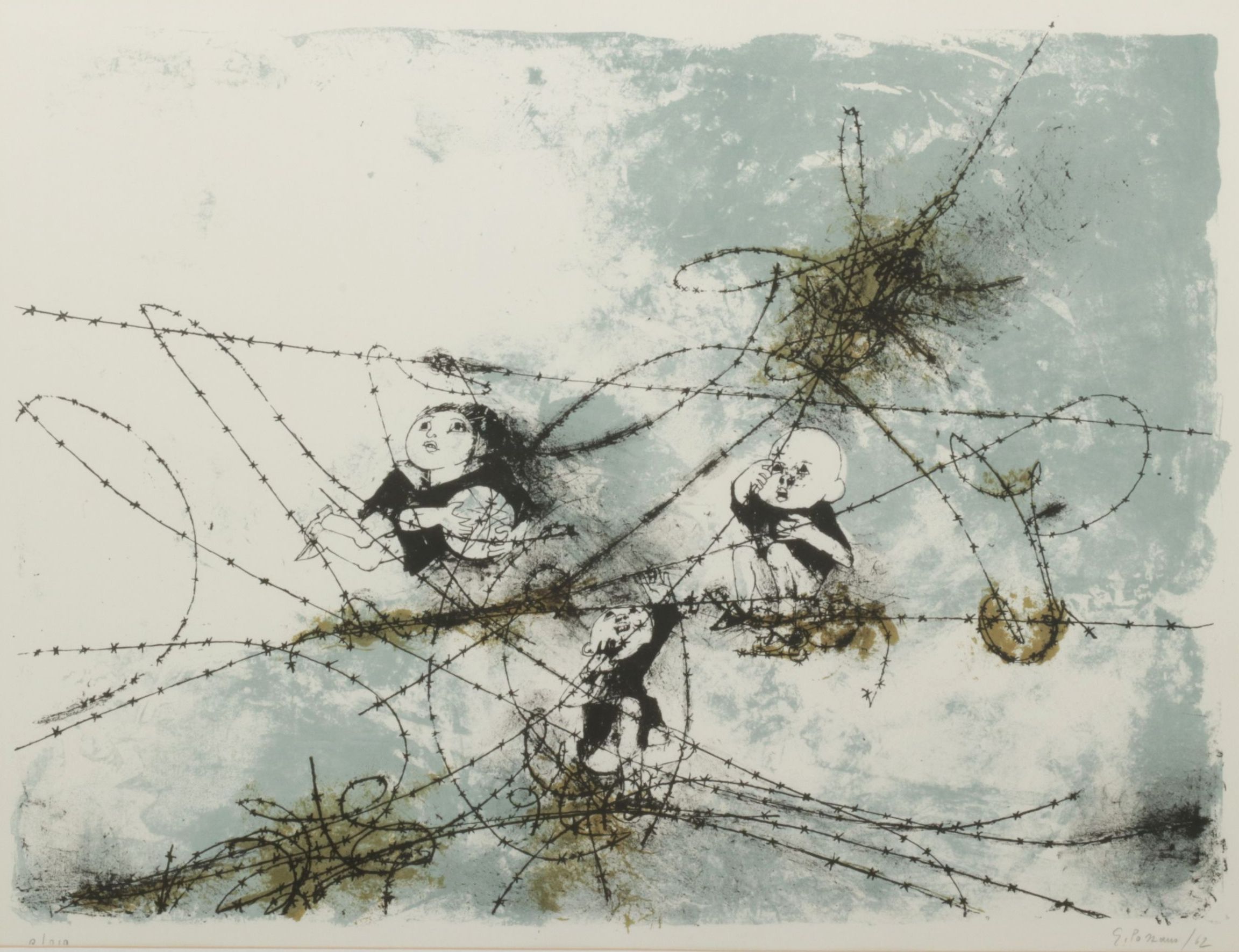 Giacomo Porzano Color Lithograph "Children Behind Barbed Wire", 1962