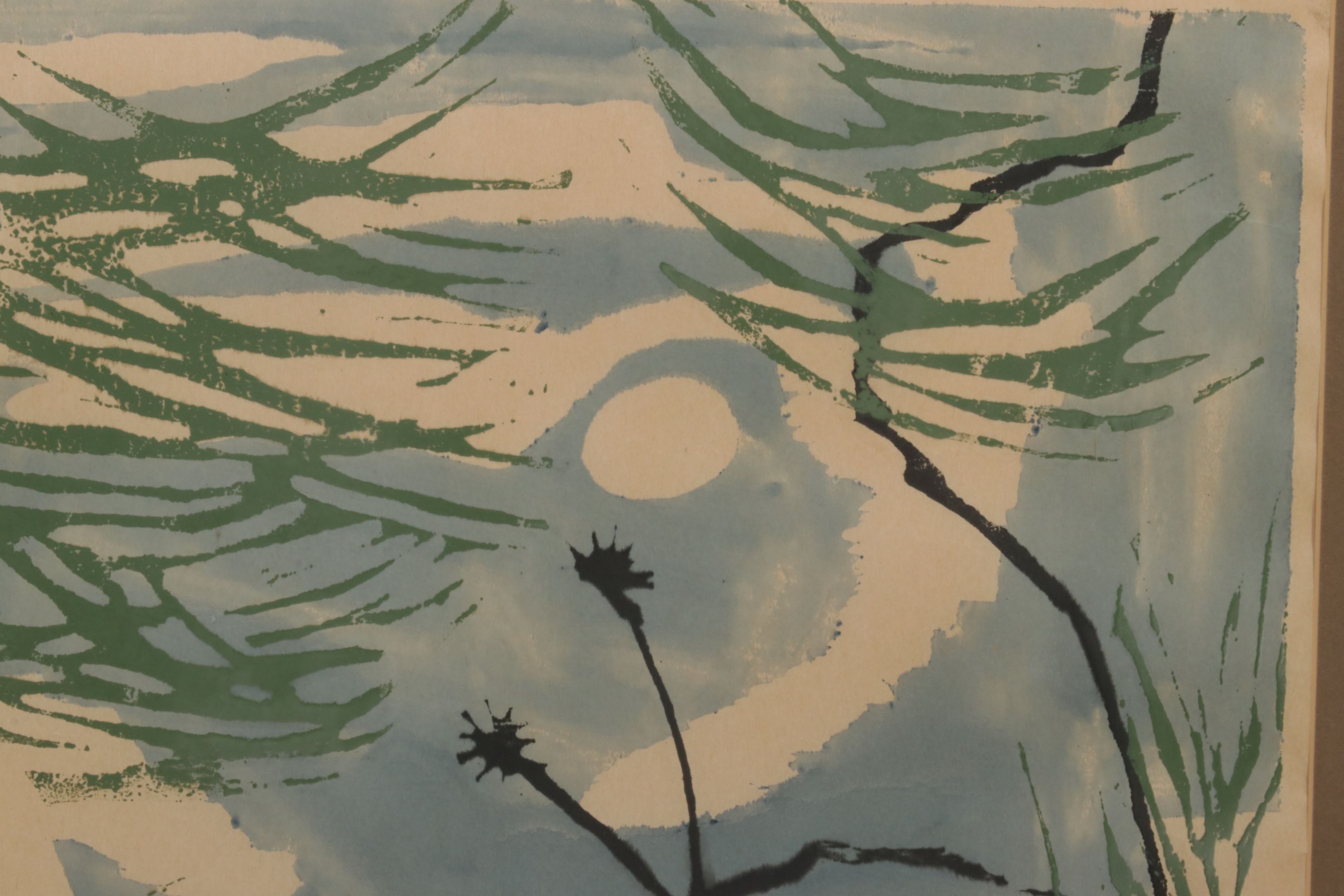 Signed Simone Titone Modernist Woodblock "Moonlight and Pines", 1962