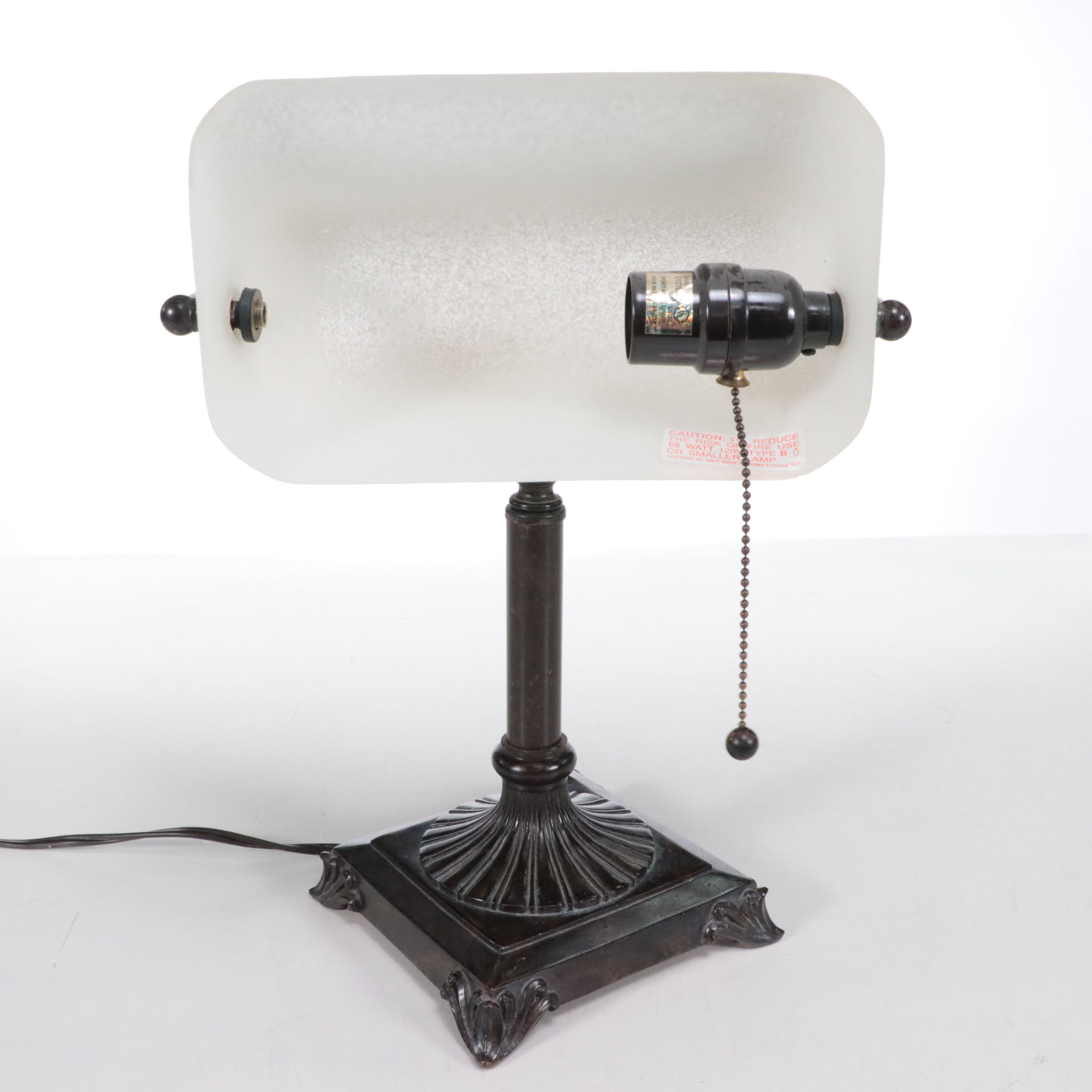 Banker's Desk Lamp with Alabaster Shade, Crackle Glaze Candlestick Lamp