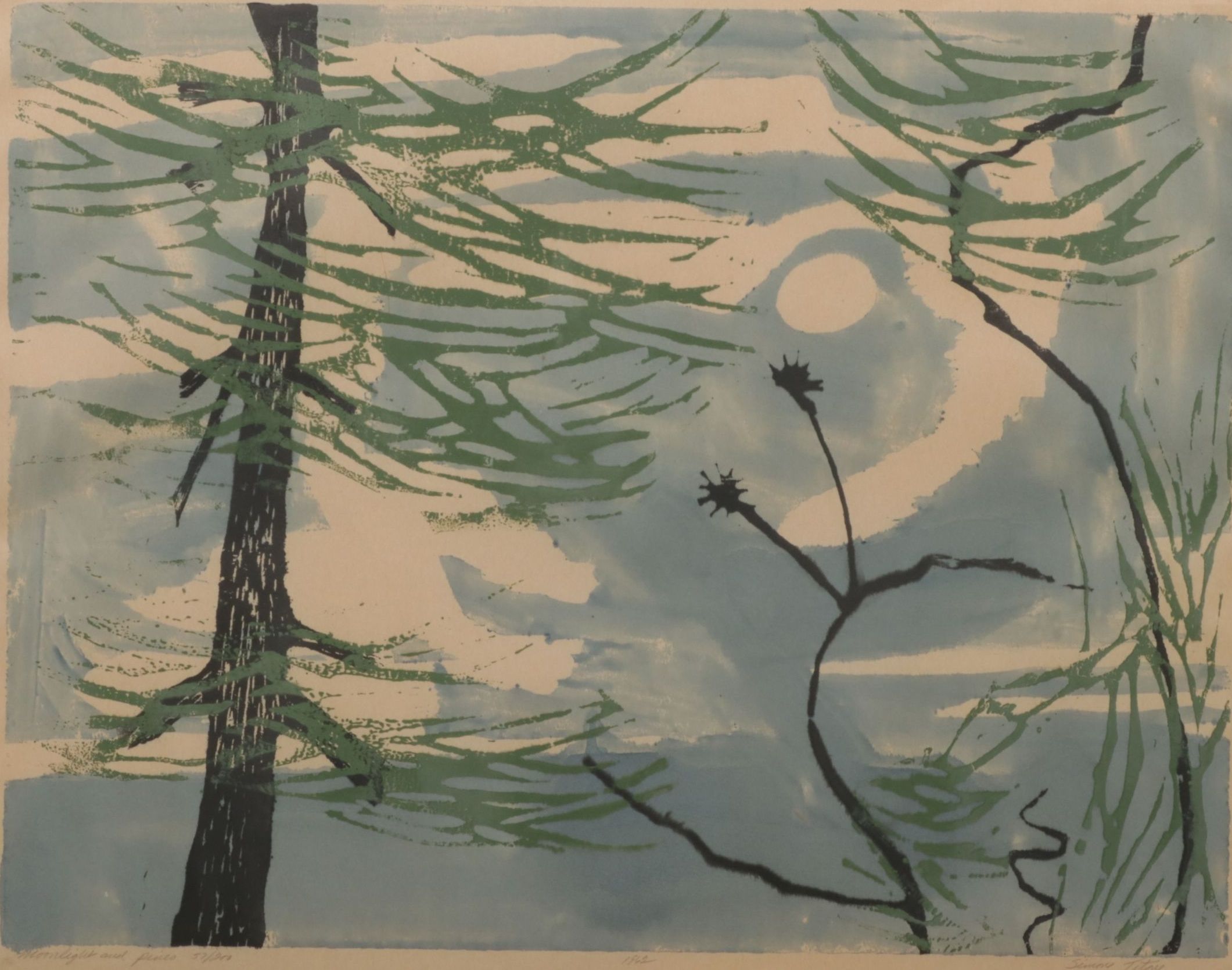 Signed Simone Titone Modernist Woodblock "Moonlight and Pines", 1962