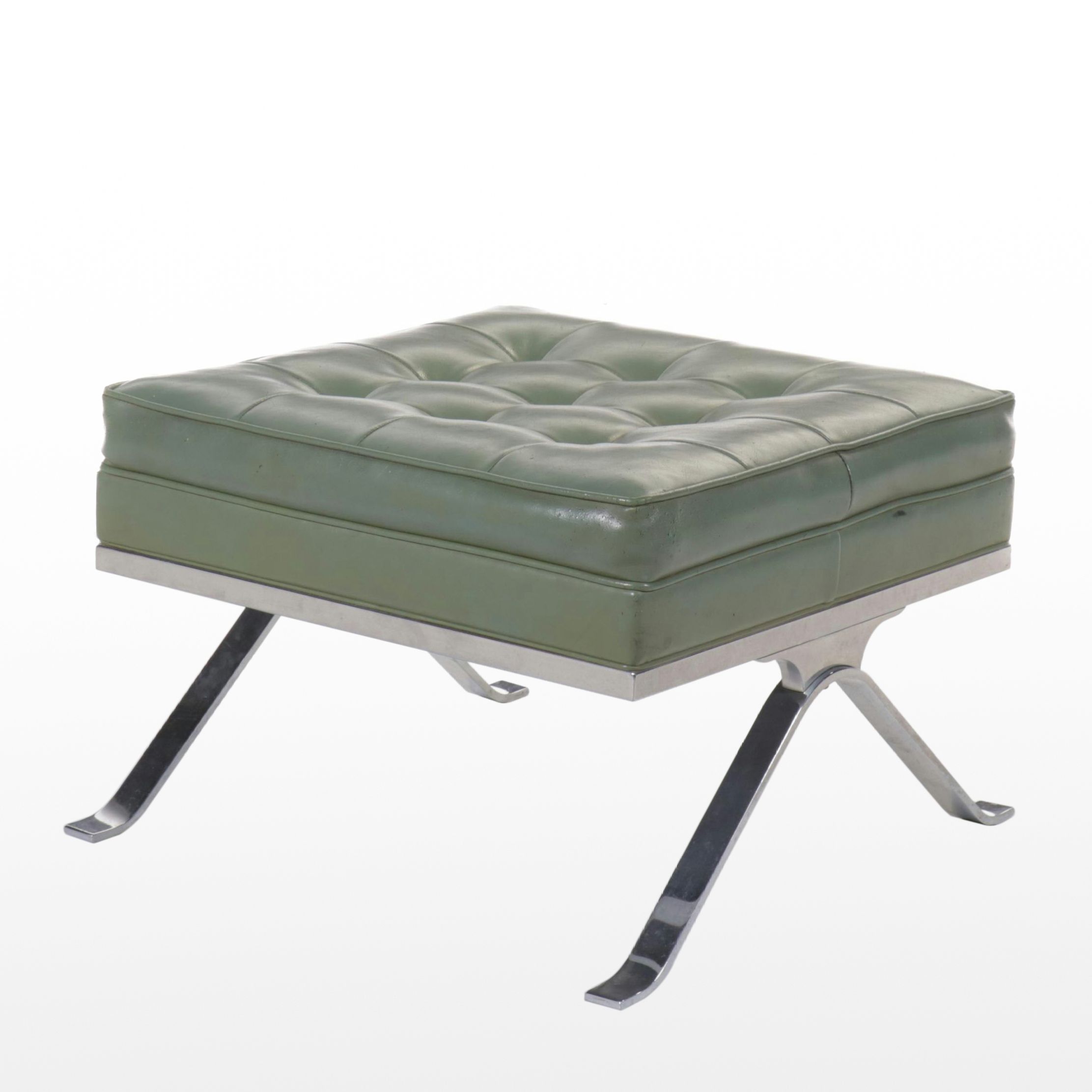 Mid Century Modern Button-Tufted Green Vinyl and Chrome Ottoman