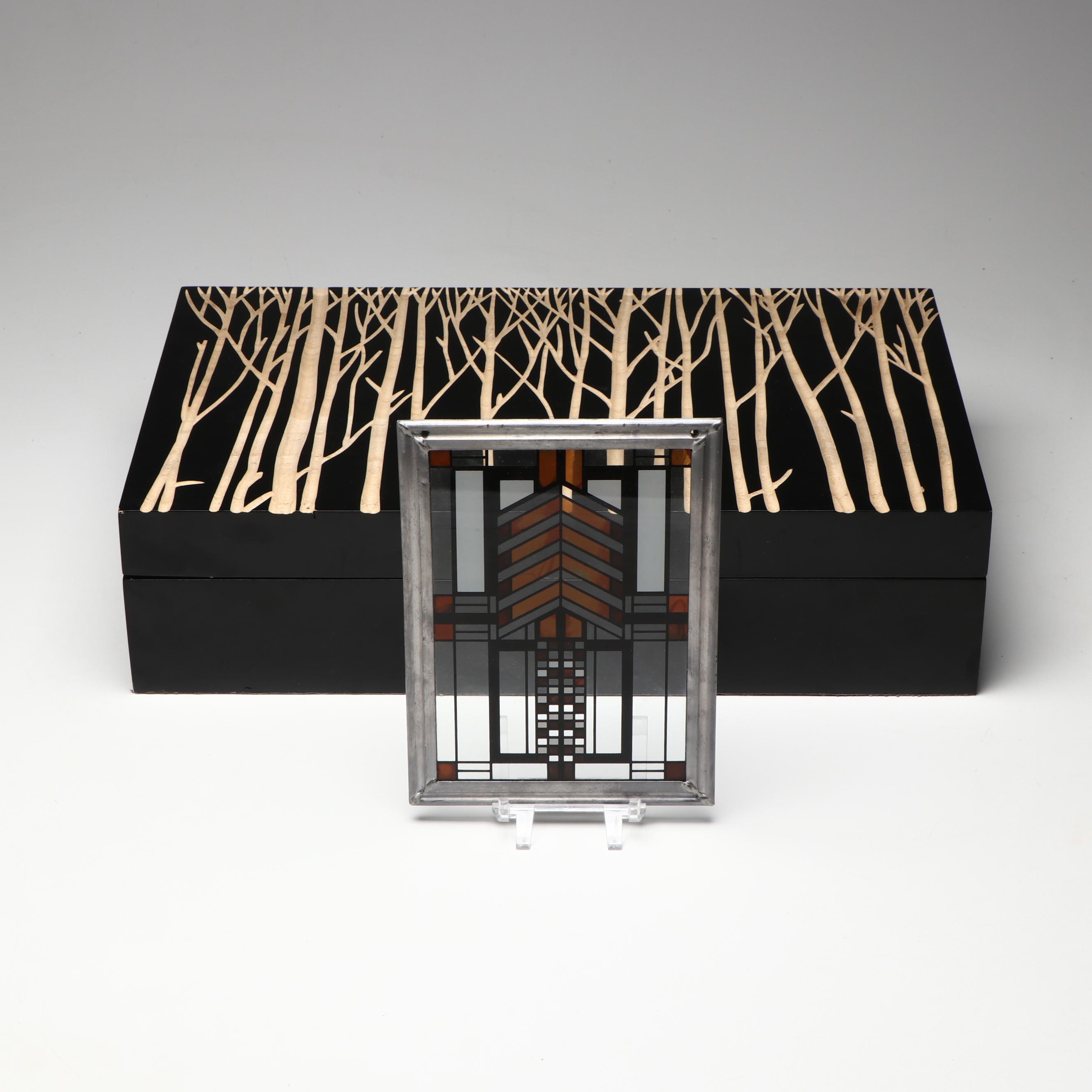 Frank Lloyd Wright "Autumn Sumac" Reproduction Glass Panel and Engraved Wood Box