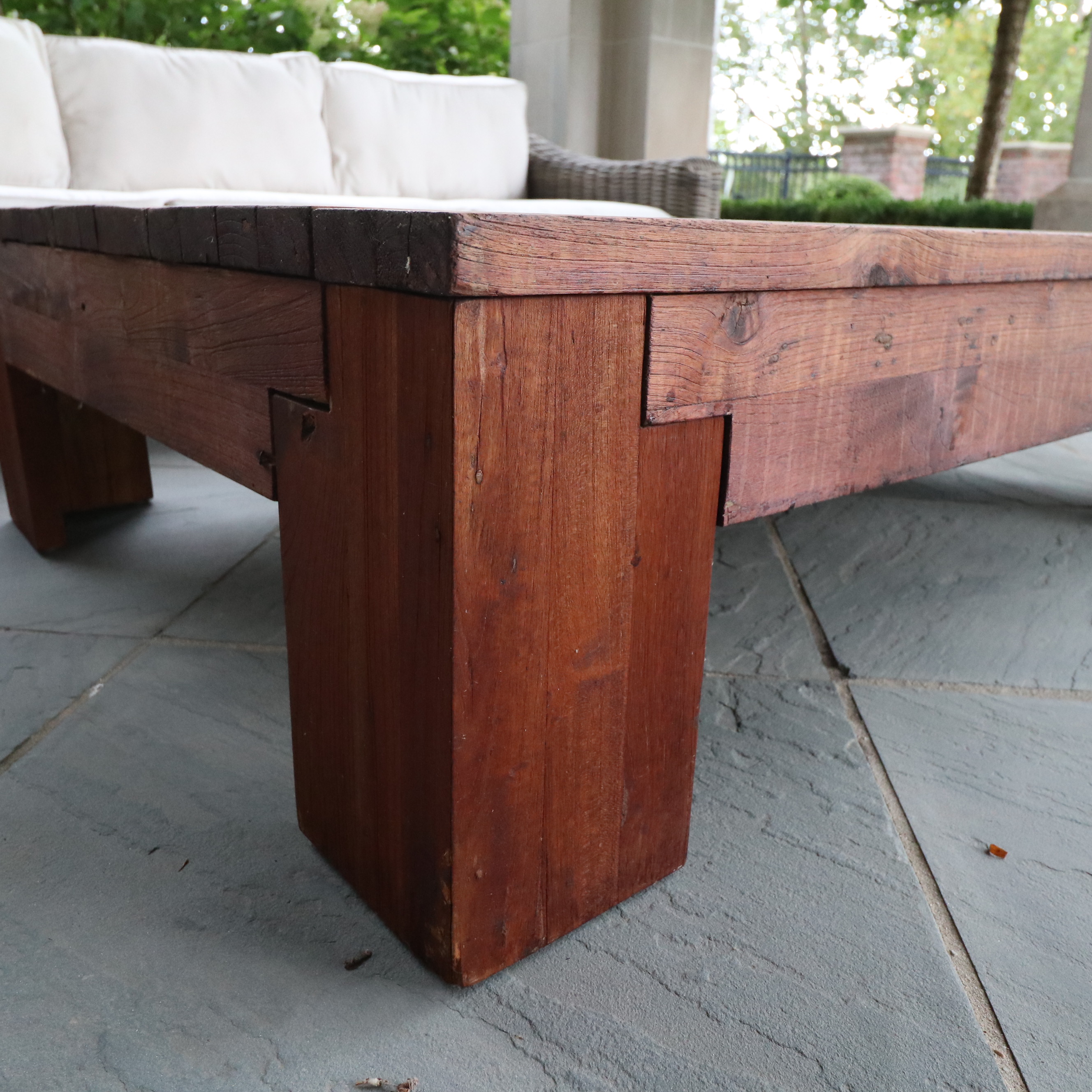 Restoration Hardware Salvaged Wood Table and PE Rattan Sofa with Canvas Cushions