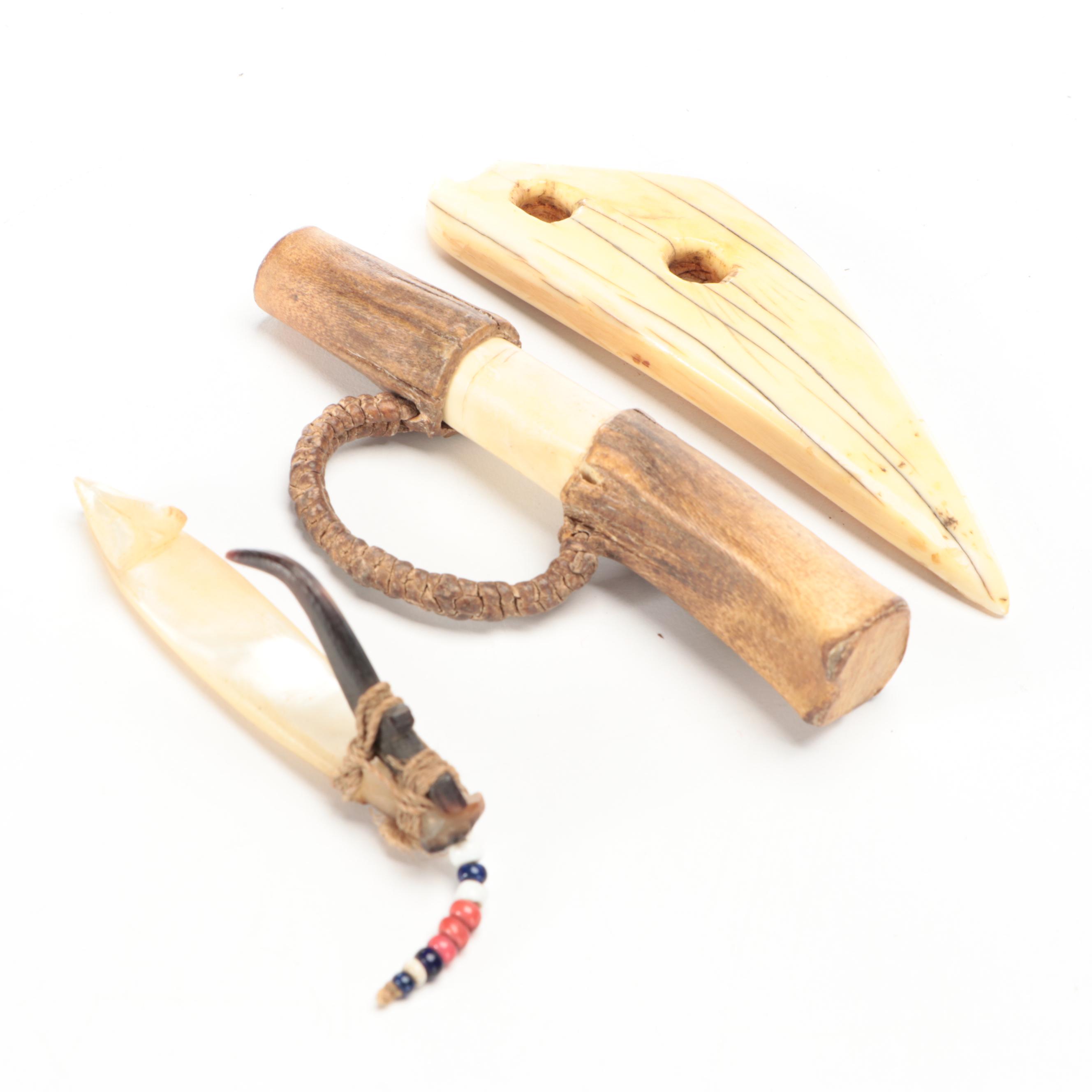 Arctic Indigenous Carved Bone and Wood Tools and Polynesian Trolling Lure