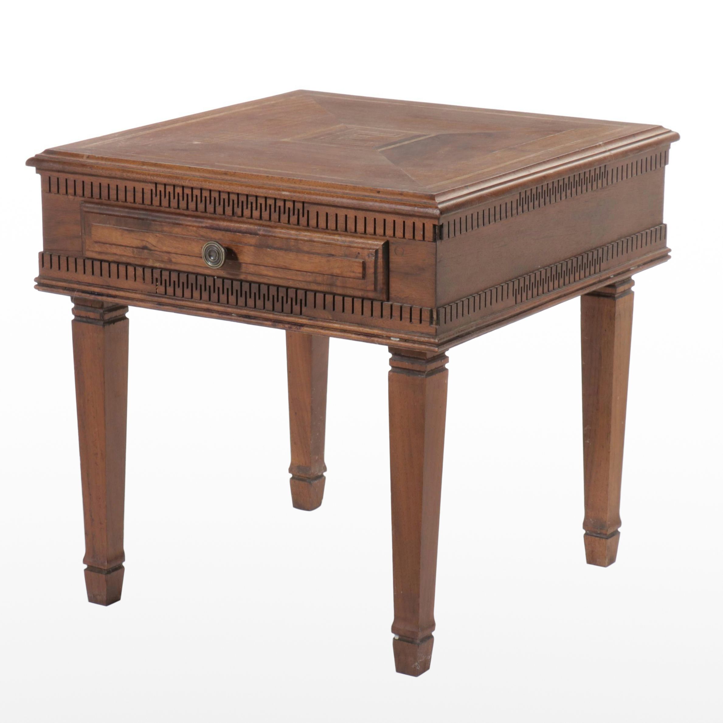 Bookmatched Wooden Side Table with Two-Tone Monogram and String Inlay