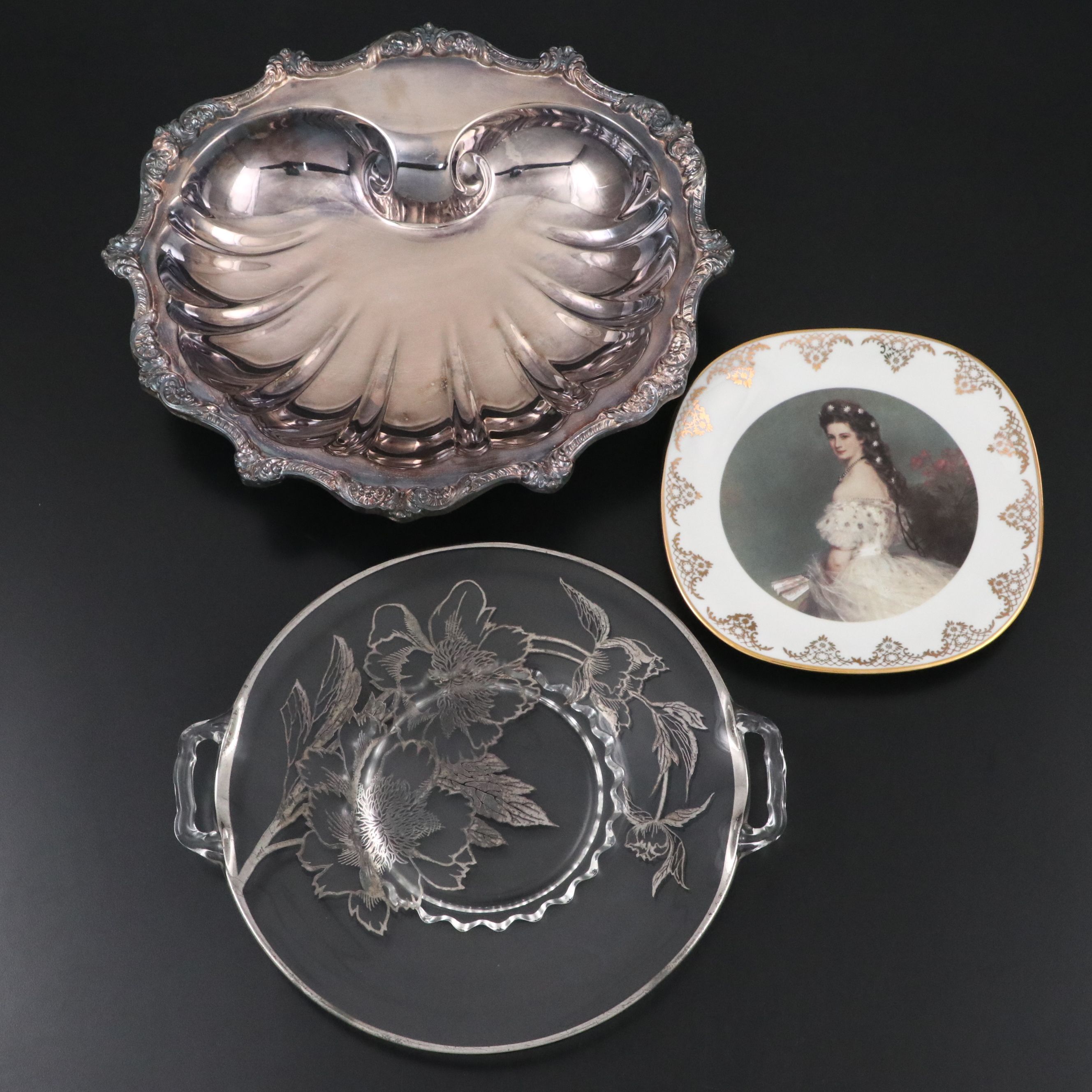 Poole Silver Plate Shell Plate with Other Glass and Porcelain Plates