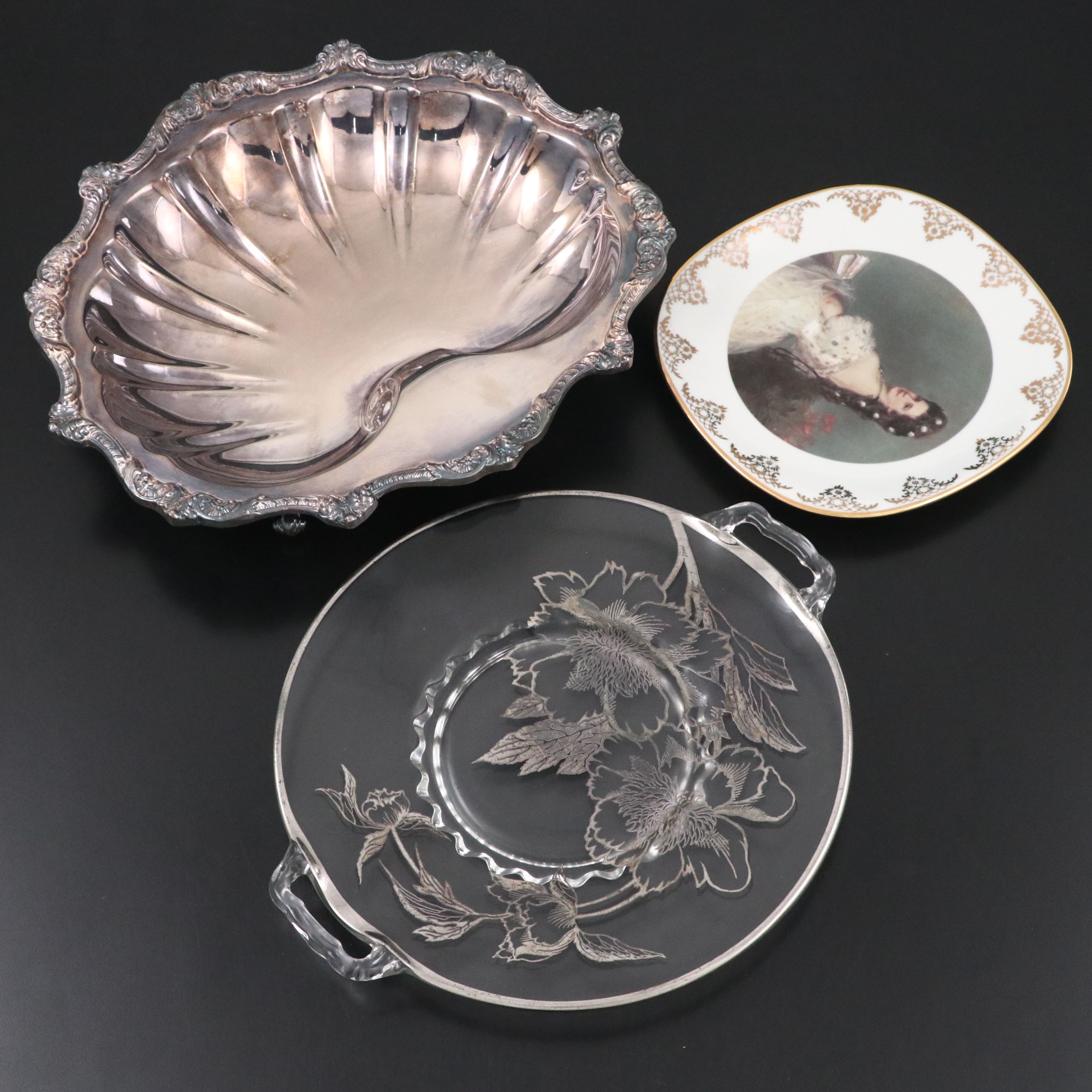 Poole Silver Plate Shell Plate with Other Glass and Porcelain Plates