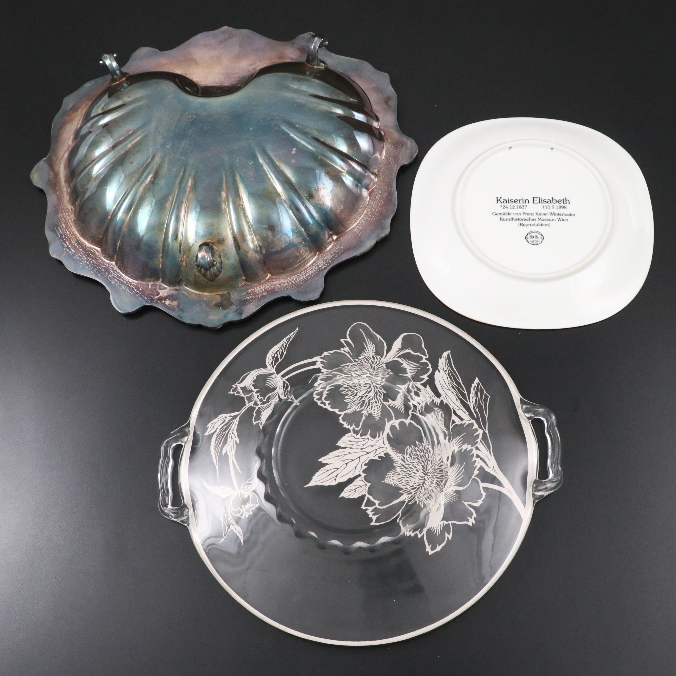Poole Silver Plate Shell Plate with Other Glass and Porcelain Plates