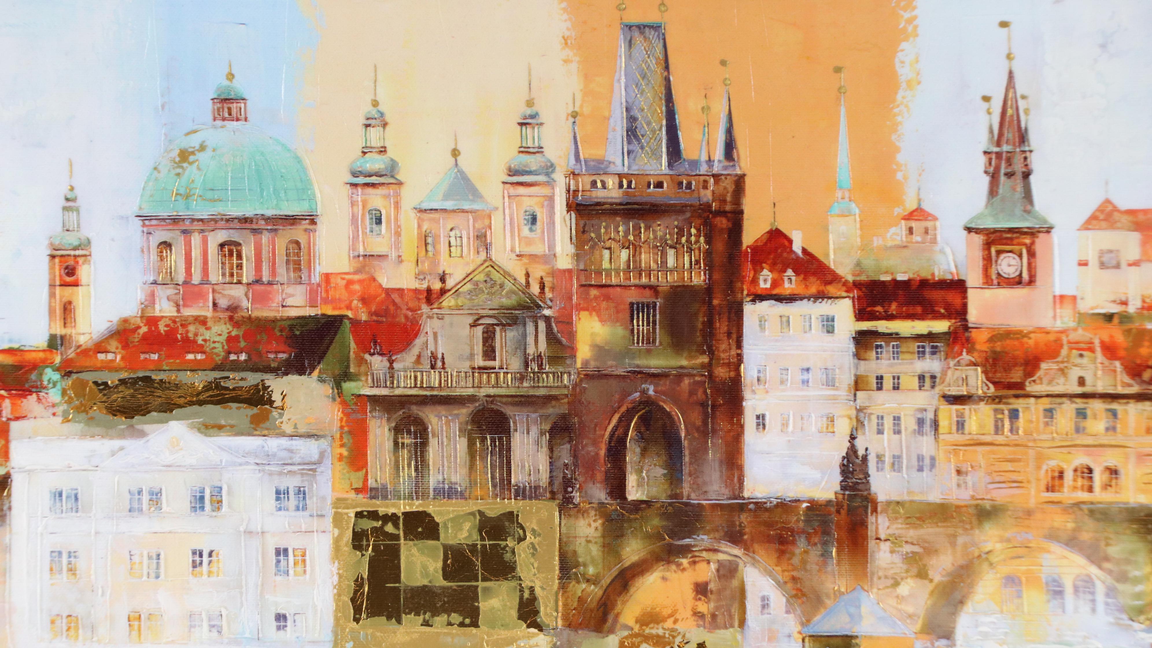 Veronika Benoni Modern Acrylic Painting of European Cityscape, Late 20th Century