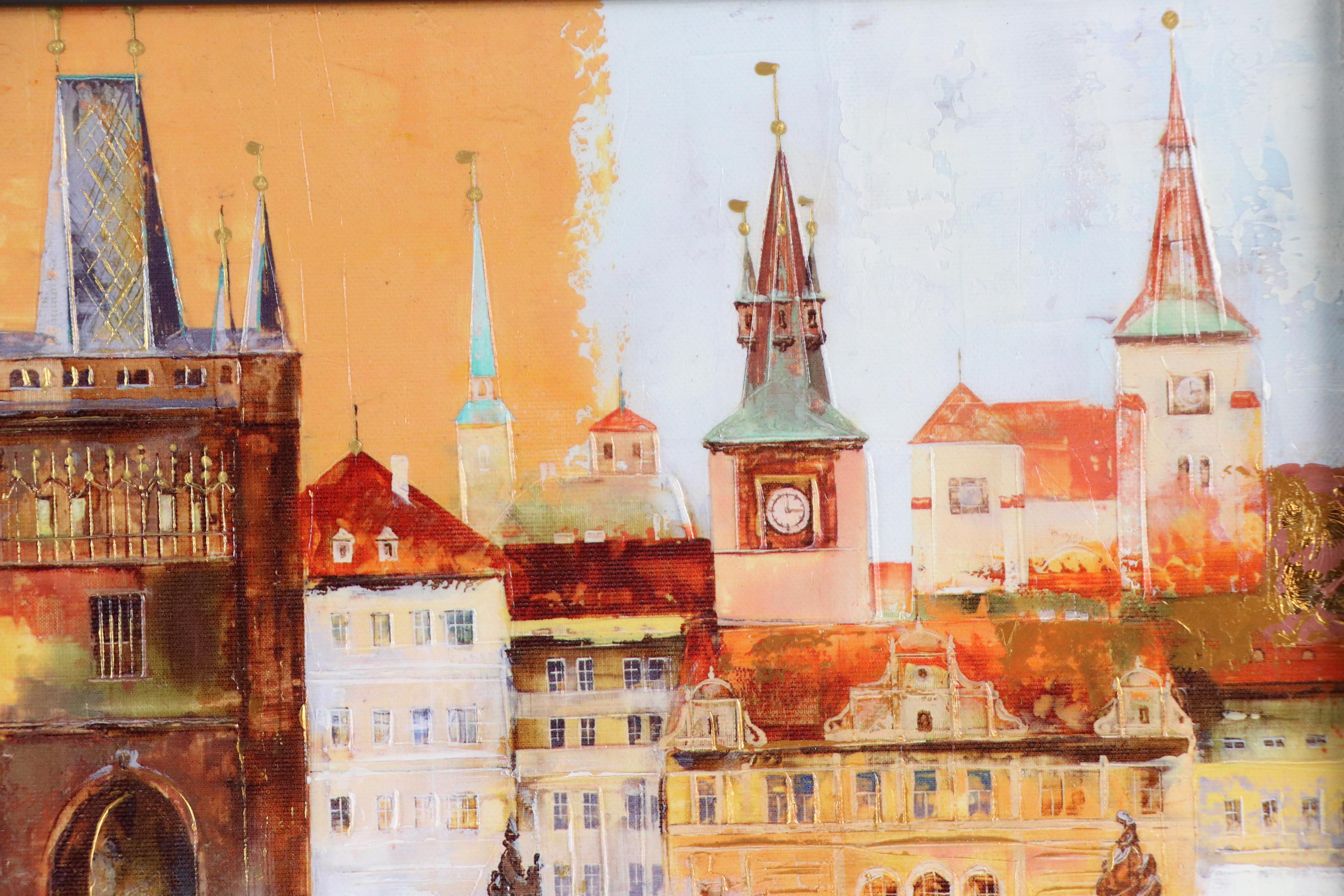 Veronika Benoni Modern Acrylic Painting of European Cityscape, Late 20th Century