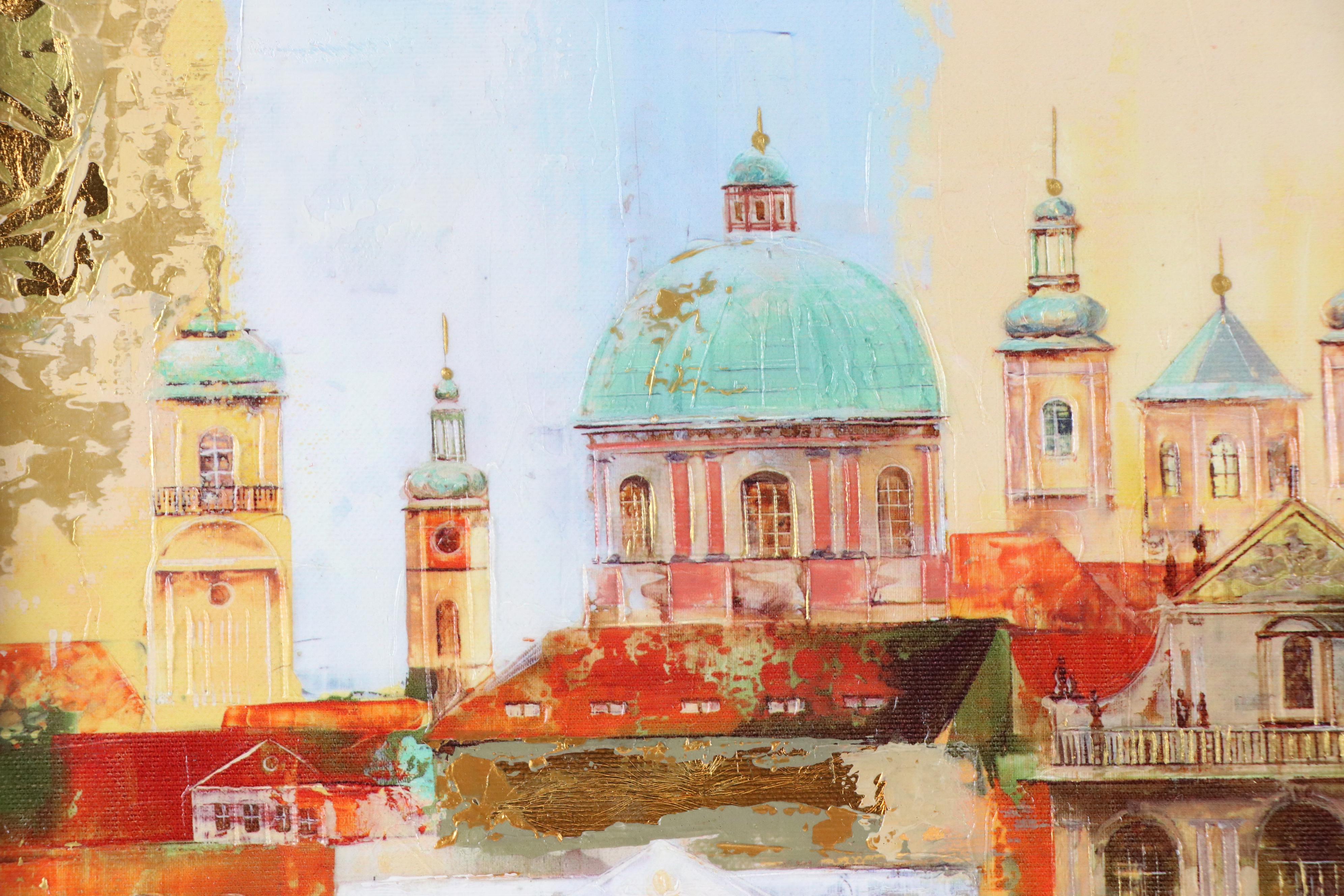 Veronika Benoni Modern Acrylic Painting of European Cityscape, Late 20th Century