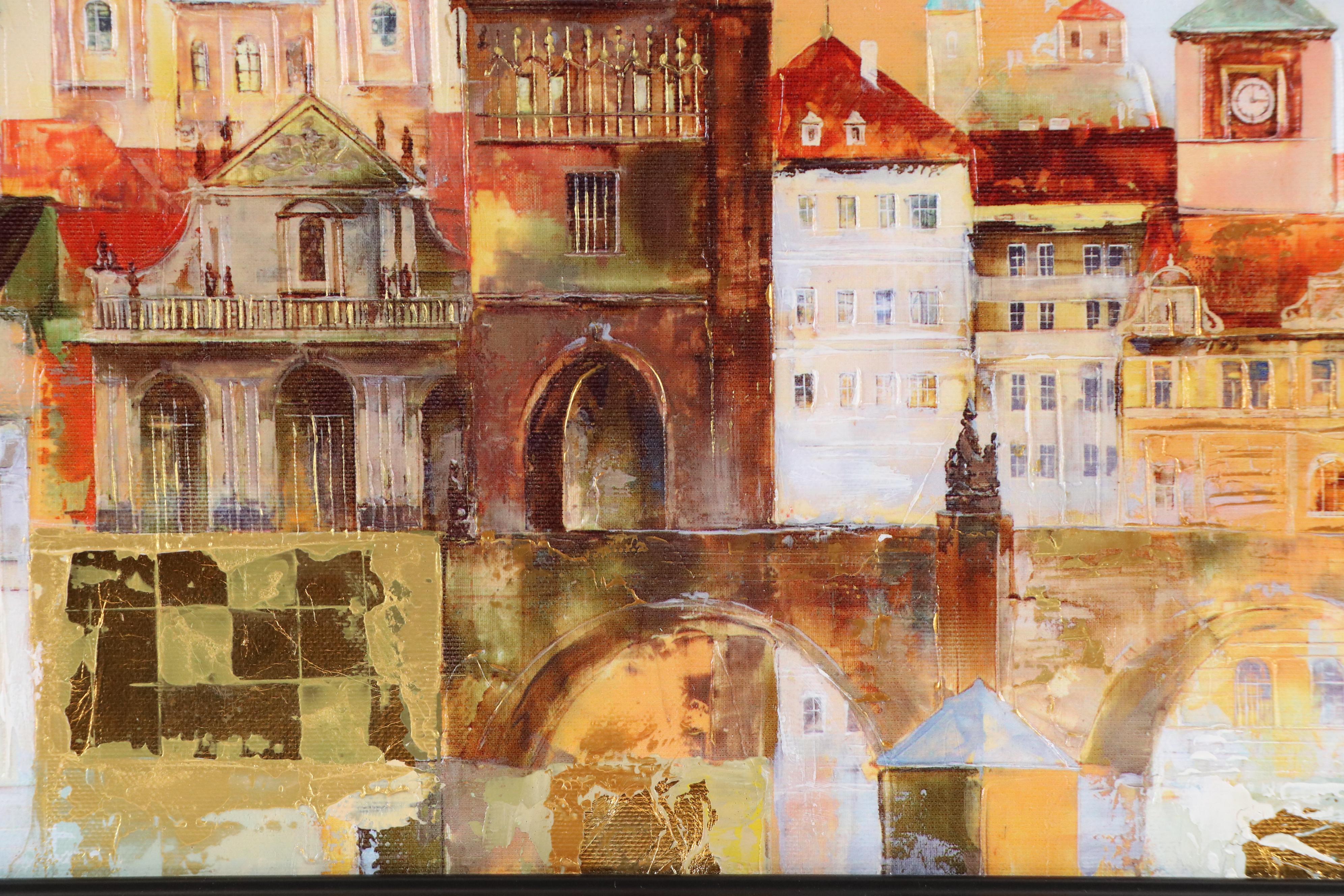 Veronika Benoni Modern Acrylic Painting of European Cityscape, Late 20th Century