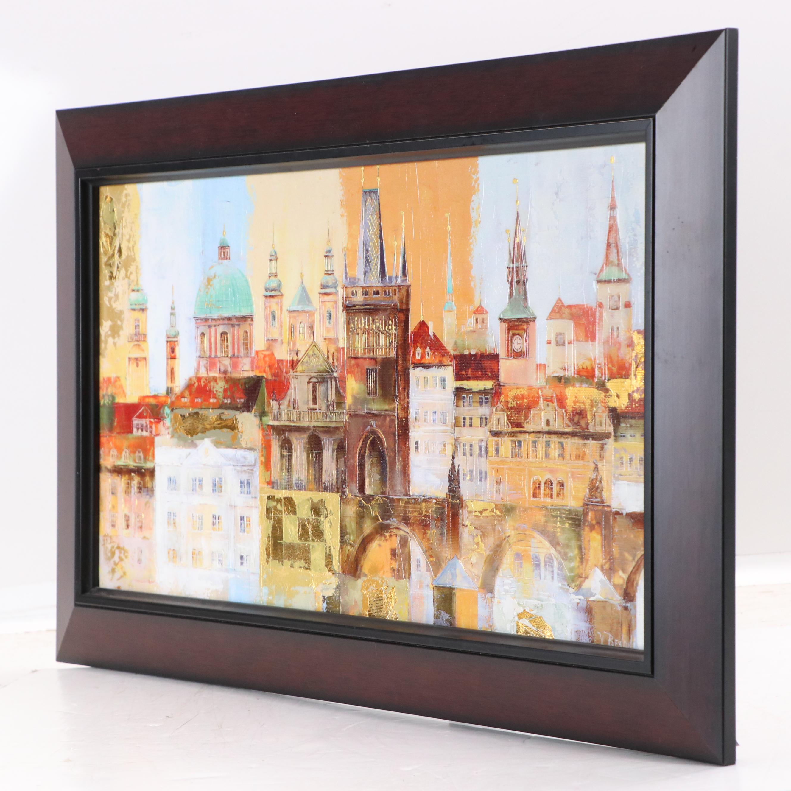 Veronika Benoni Modern Acrylic Painting of European Cityscape, Late 20th Century