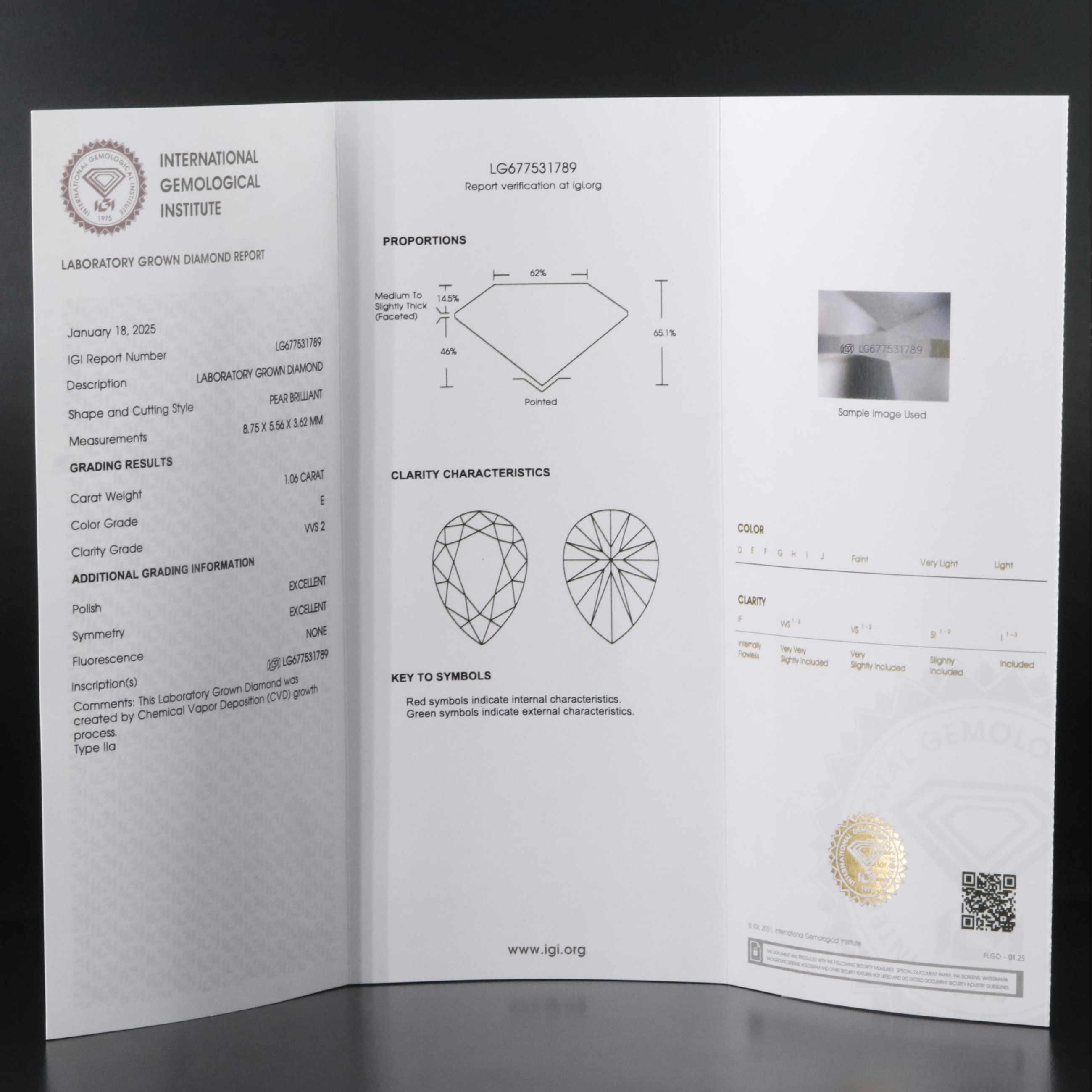 Loose 1.06 CT Lab Grown Diamond with IGI Report