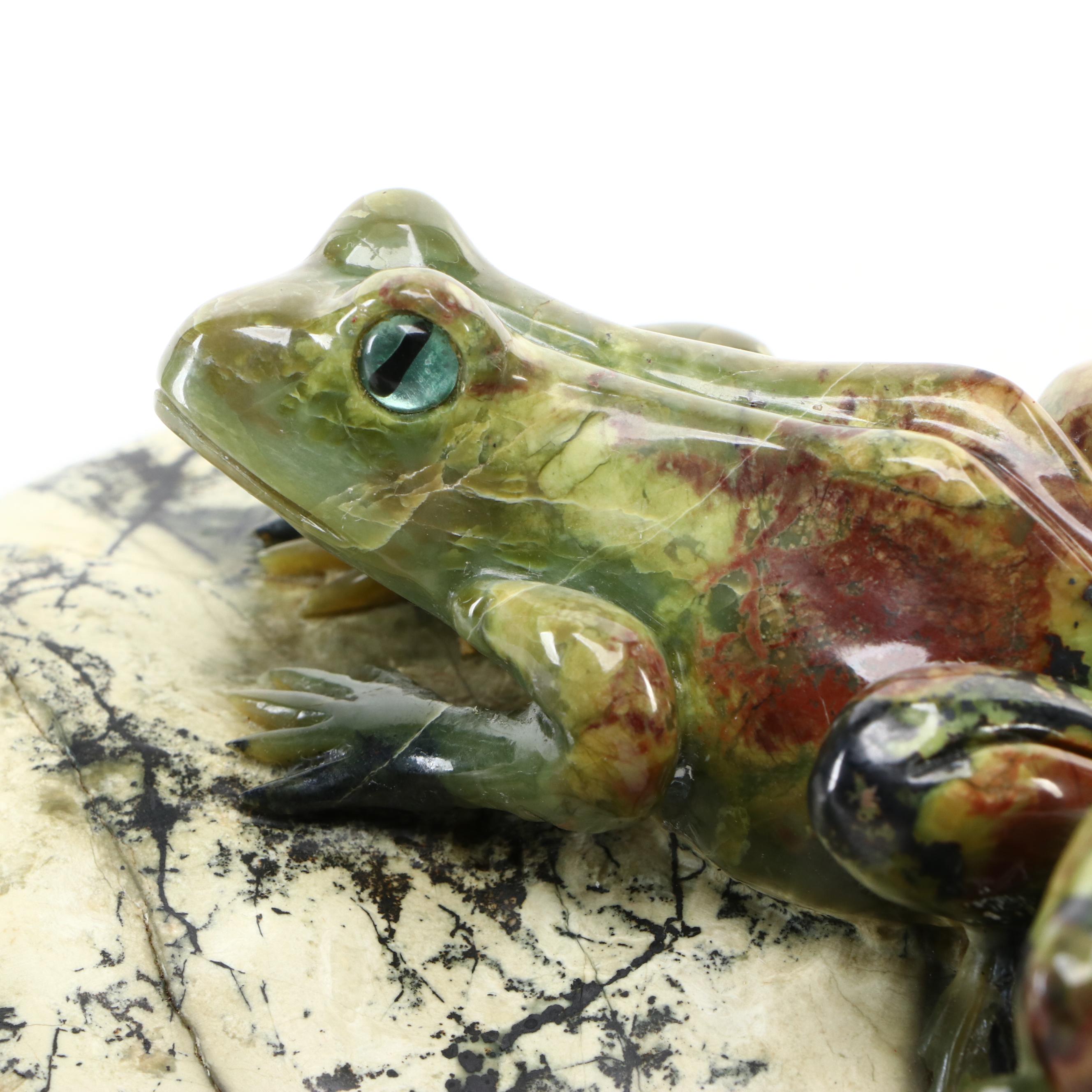 Carved Serpentine Frogs on Picasso Stone Base