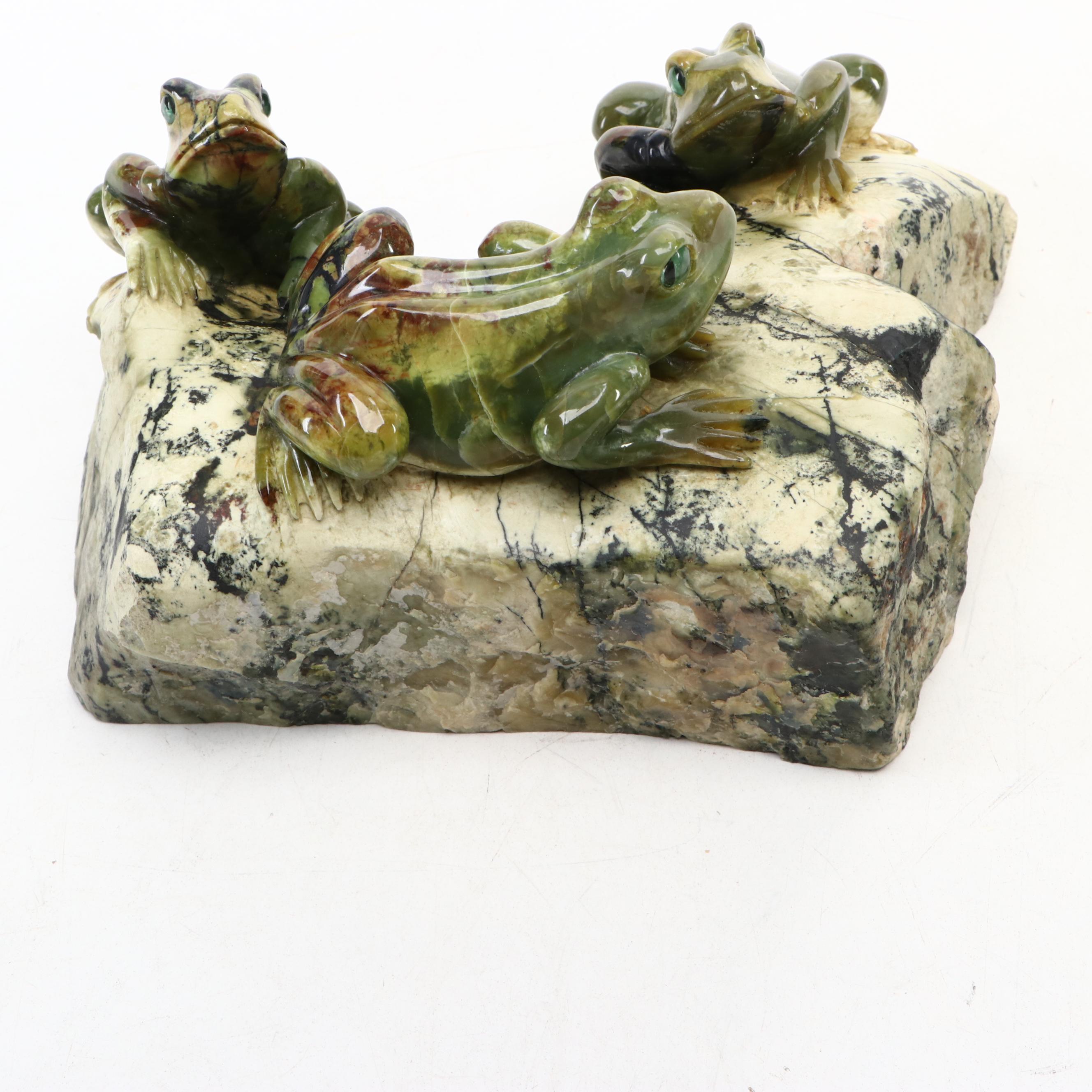 Carved Serpentine Frogs on Picasso Stone Base