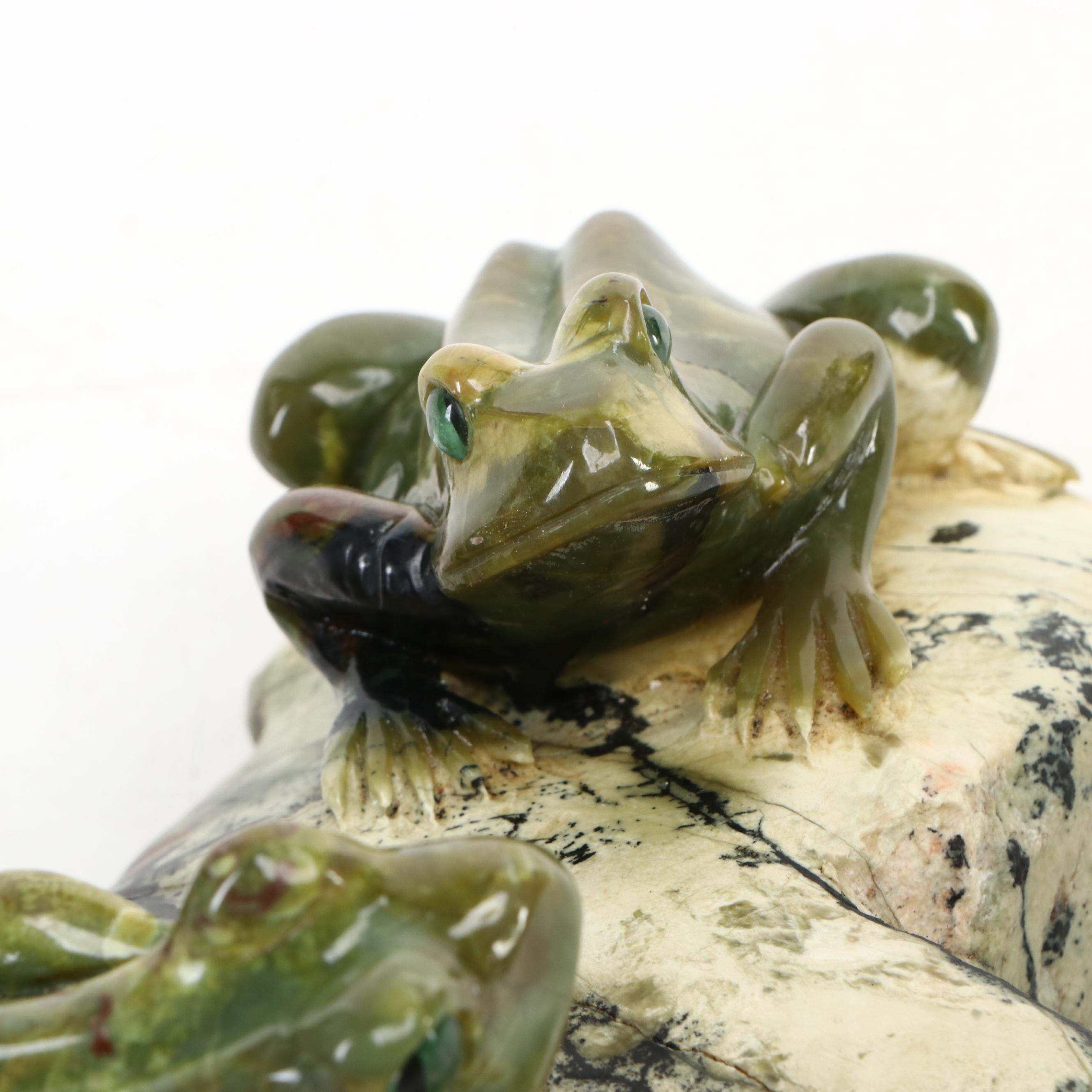 Carved Serpentine Frogs on Picasso Stone Base